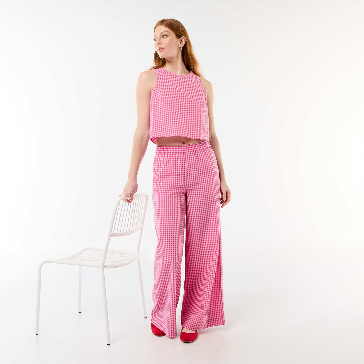 Pantalon large en coton texturé vichy ROSE