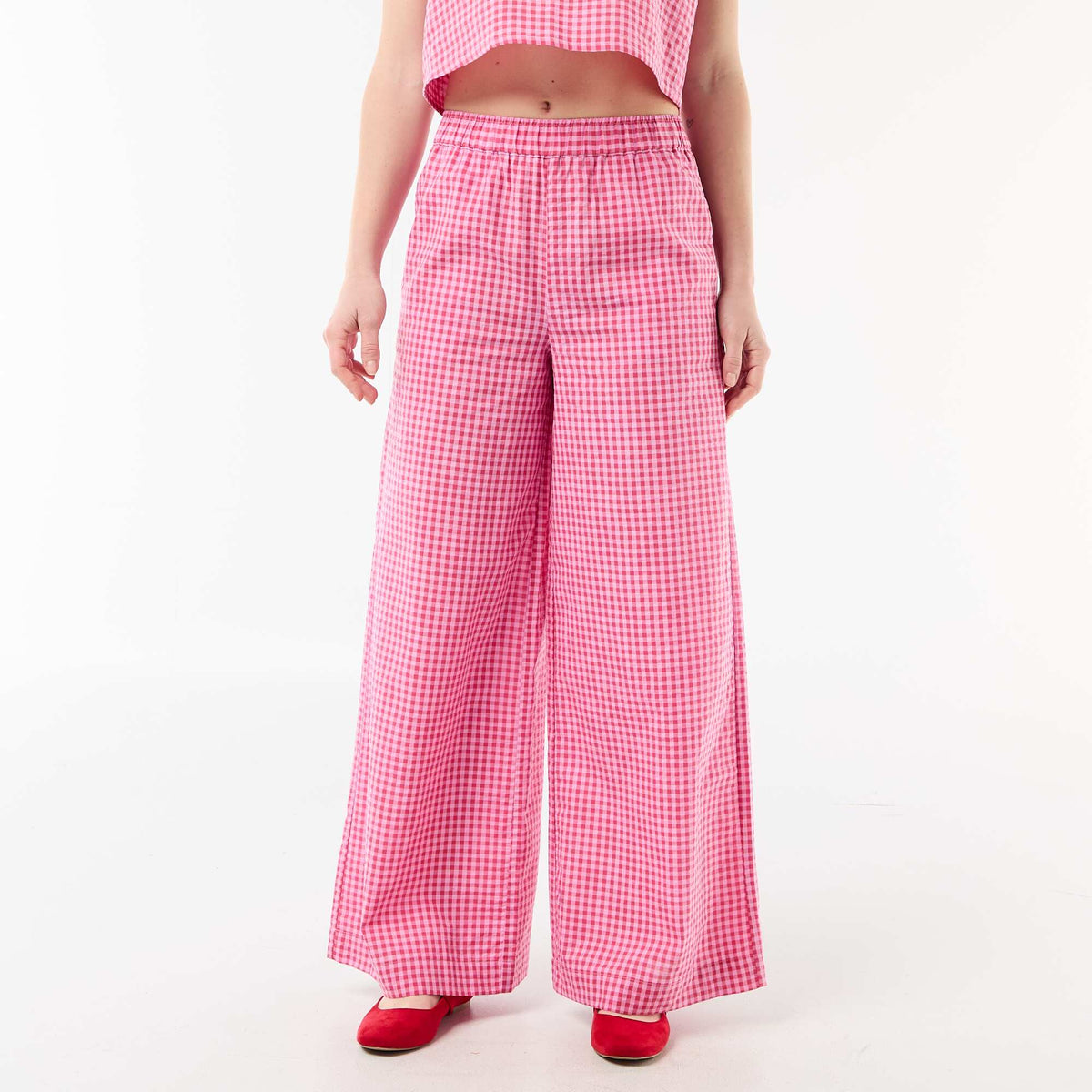 Pantalon large en coton texturé vichy ROSE