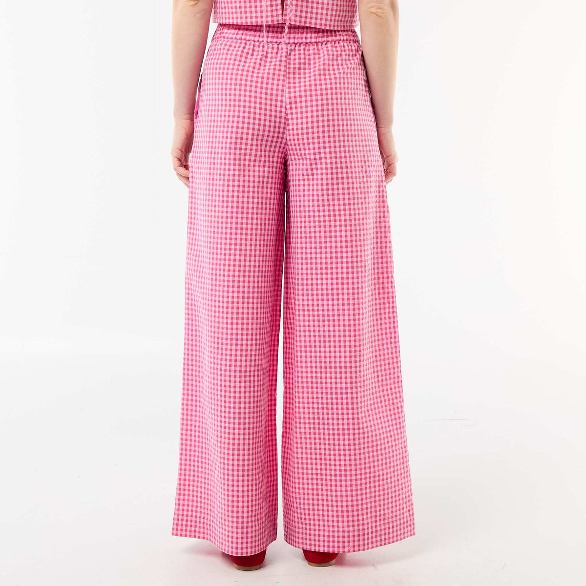 Pantalon large en coton texturé vichy ROSE