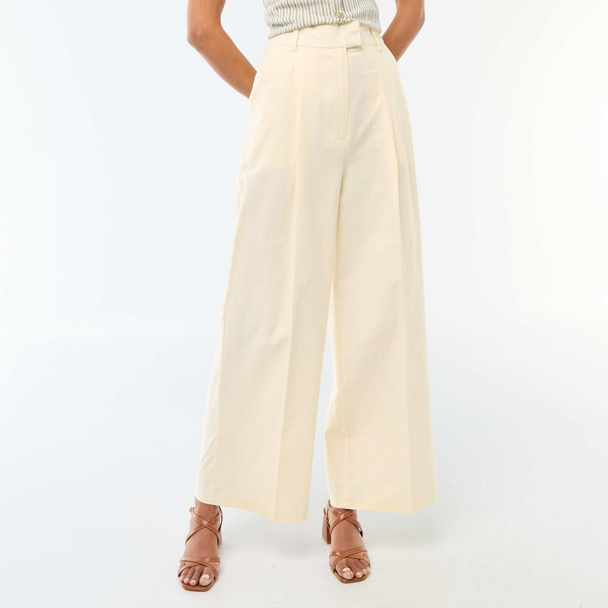 Pantalon large de cérémonie en lin mélangé BEIGE