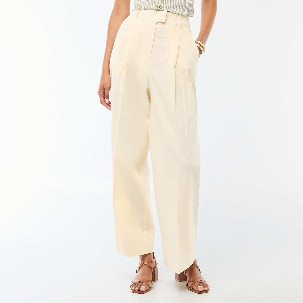 Pantalon large de cérémonie en lin mélangé BEIGE