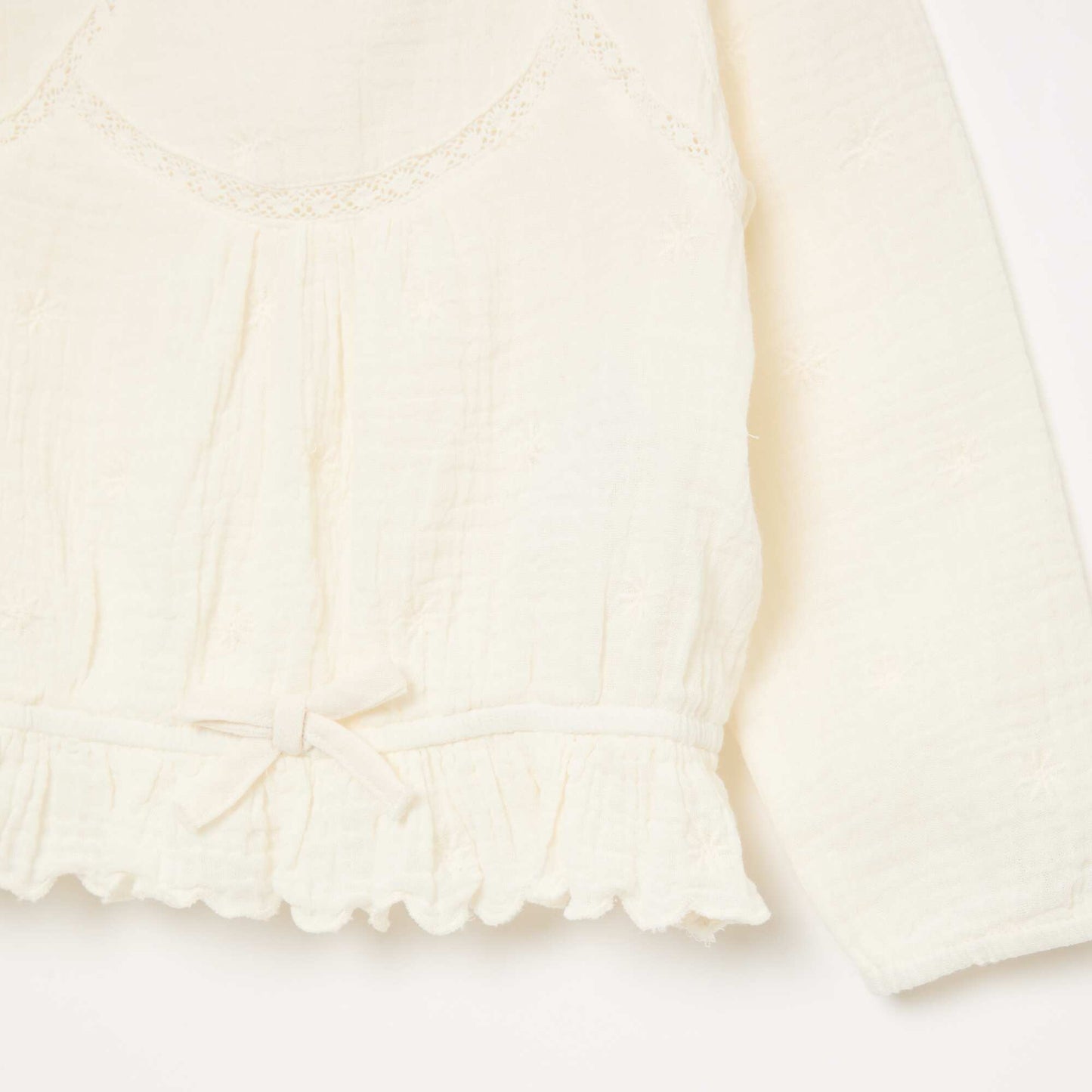 Blouse en gaze de coton avec broderies et dentelle BLANC