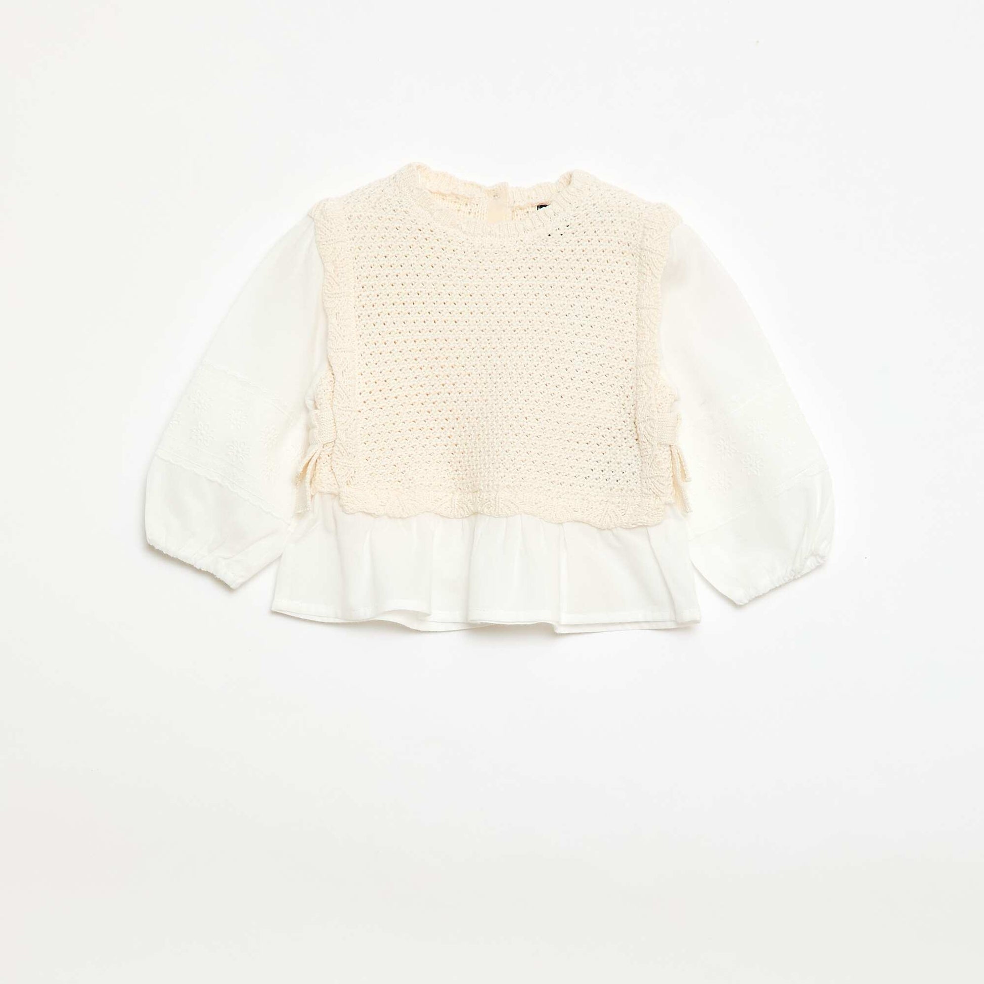 Pull 2 en 1 maille tricot + double gaze de coton BEIGE