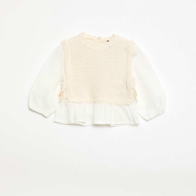 Pull 2 en 1 maille tricot + double gaze de coton BEIGE