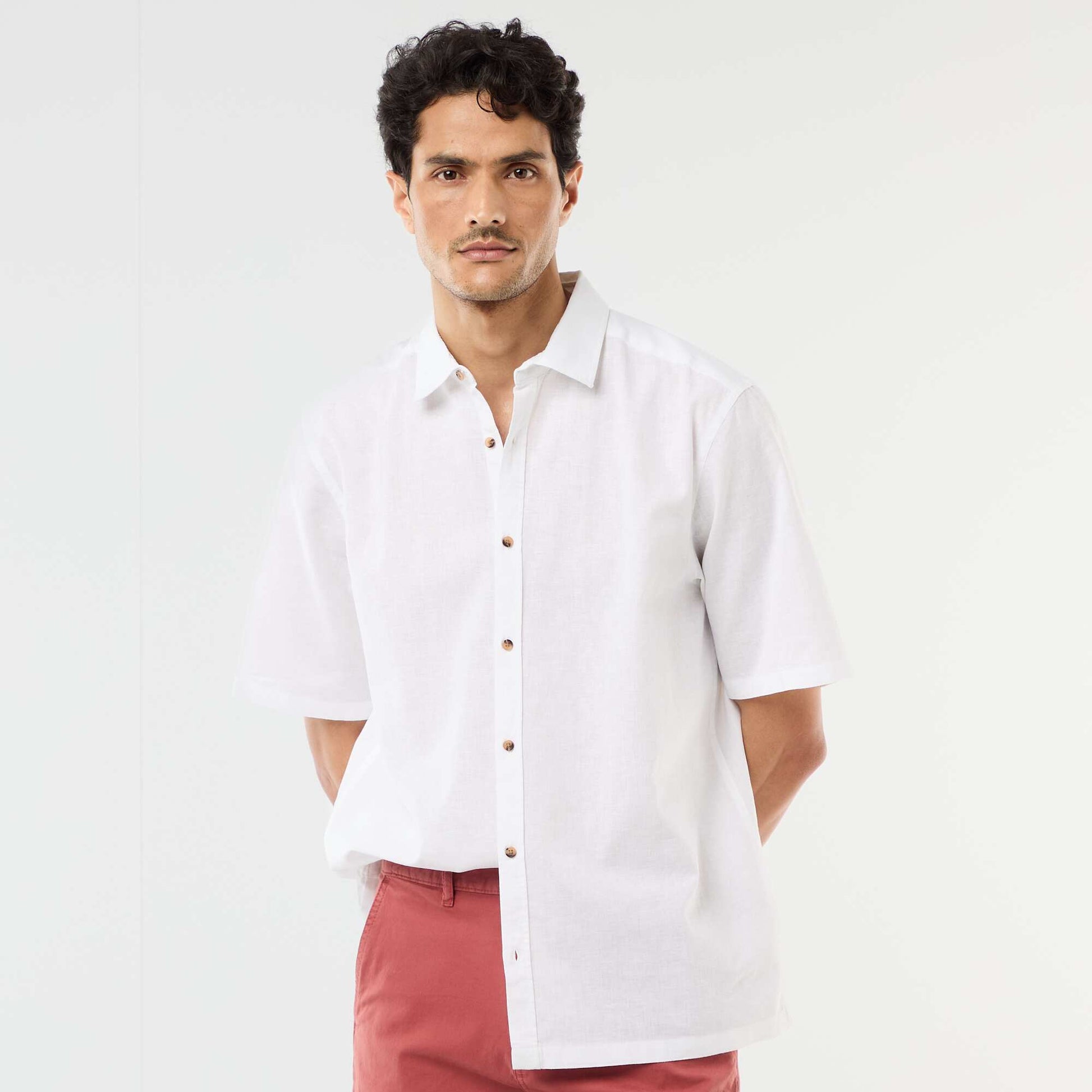 Chemise à manches courtes en lin mélangé BLANC