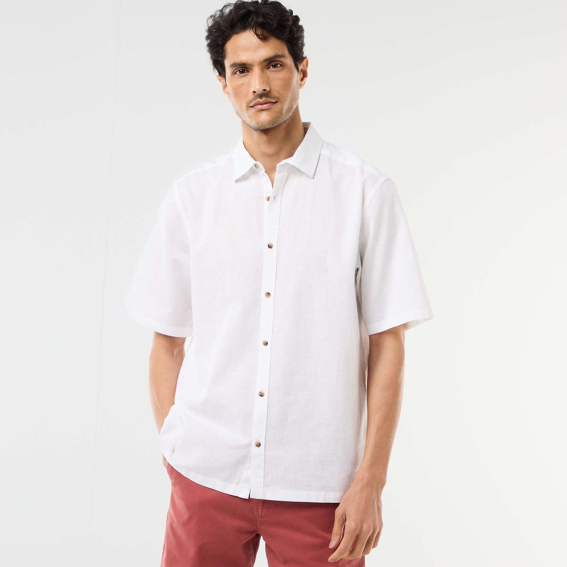 Chemise à manches courtes en lin mélangé BLANC