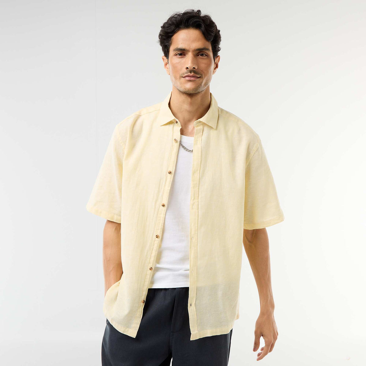 Chemise à manches courtes en lin mélangé JAUNE