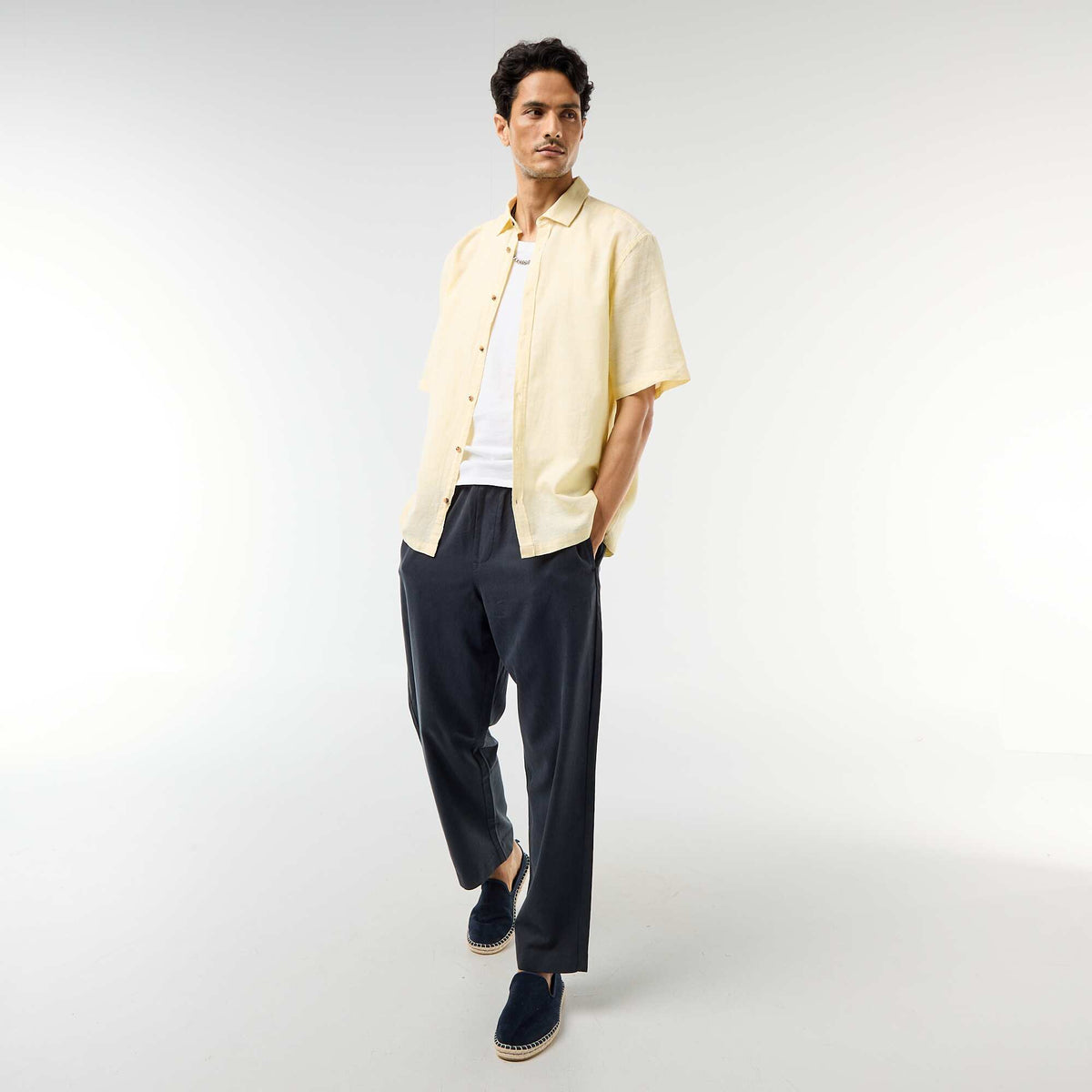 Chemise à manches courtes en lin mélangé JAUNE