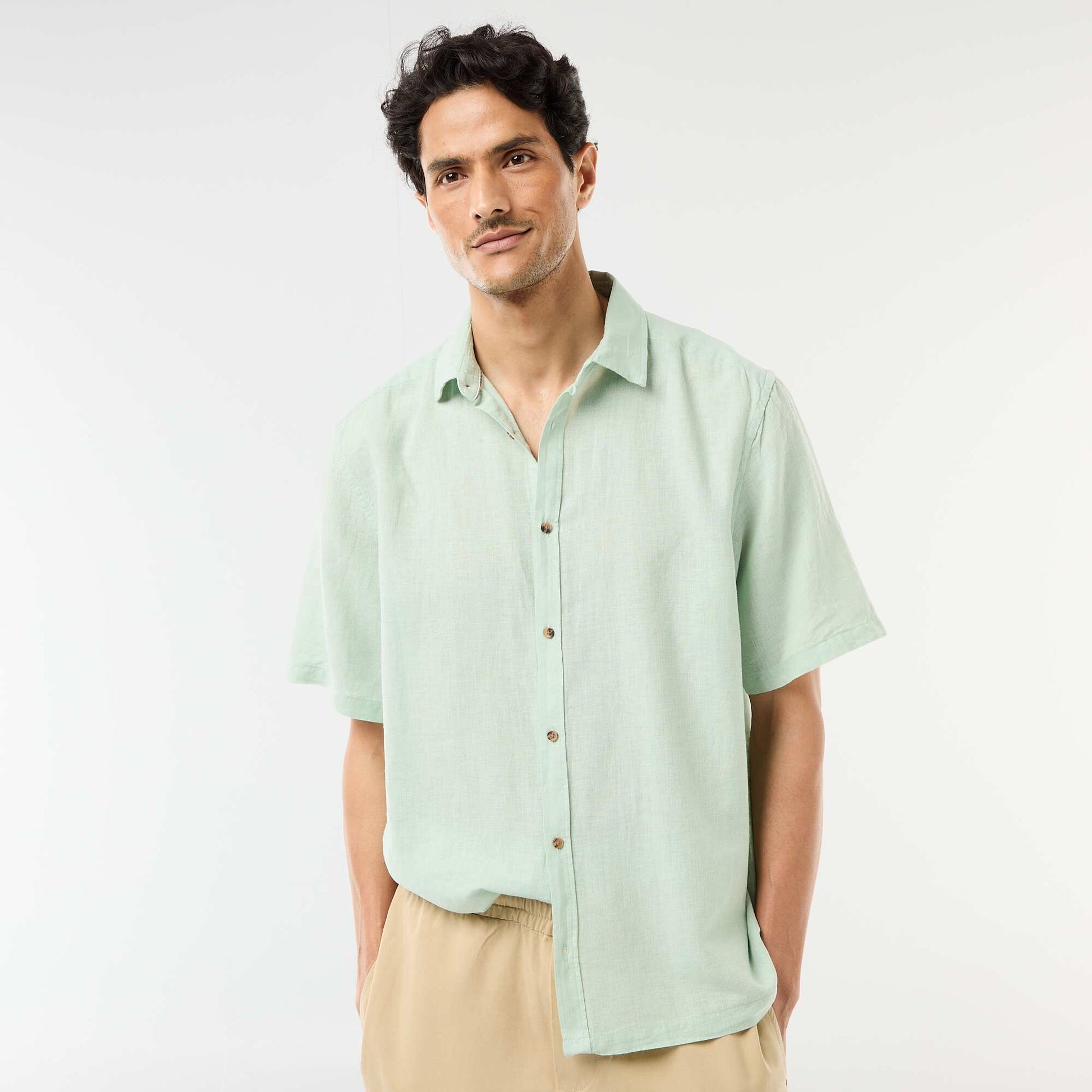 Chemise à manches courtes en lin mélangé VERT CLAIR