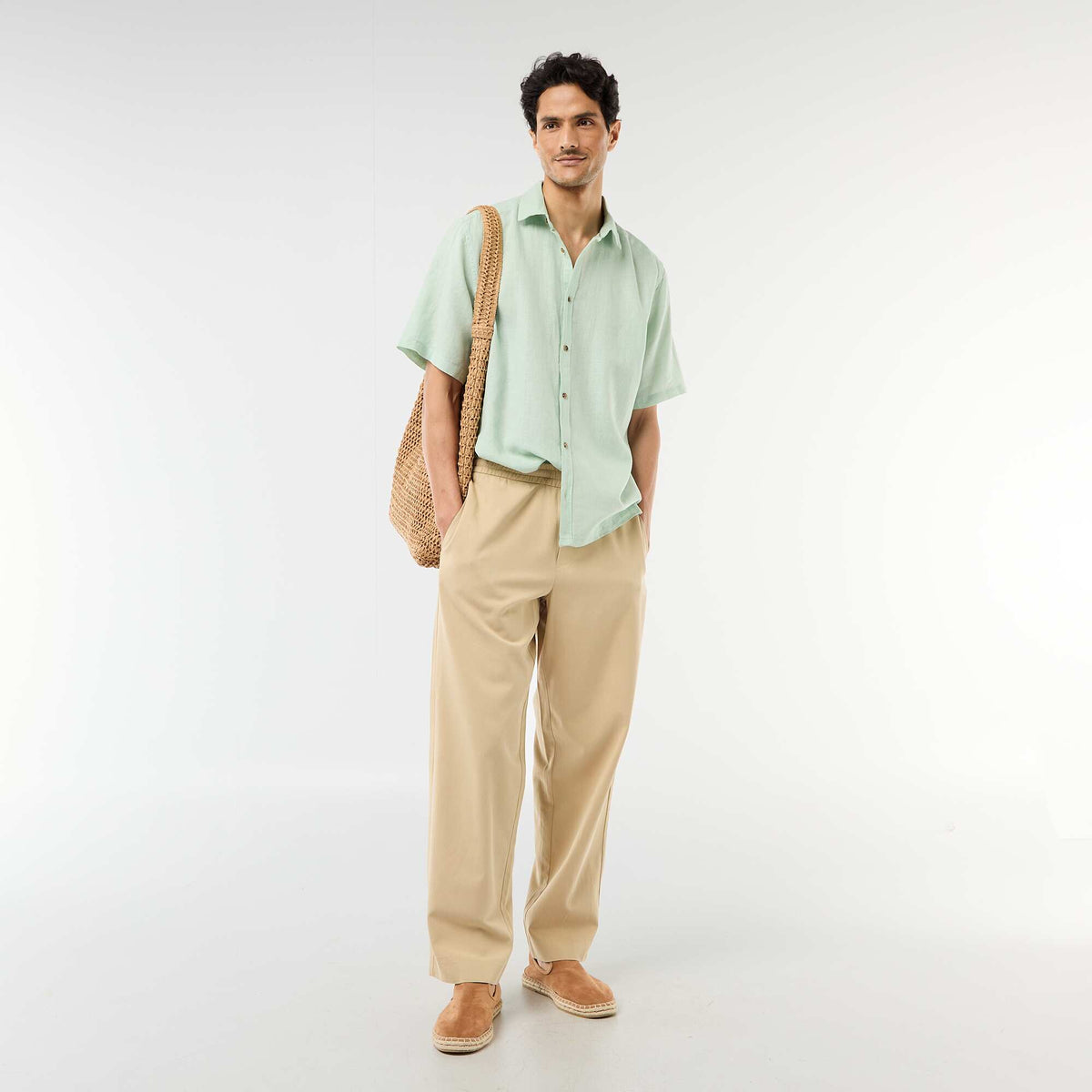 Chemise à manches courtes en lin mélangé VERT CLAIR