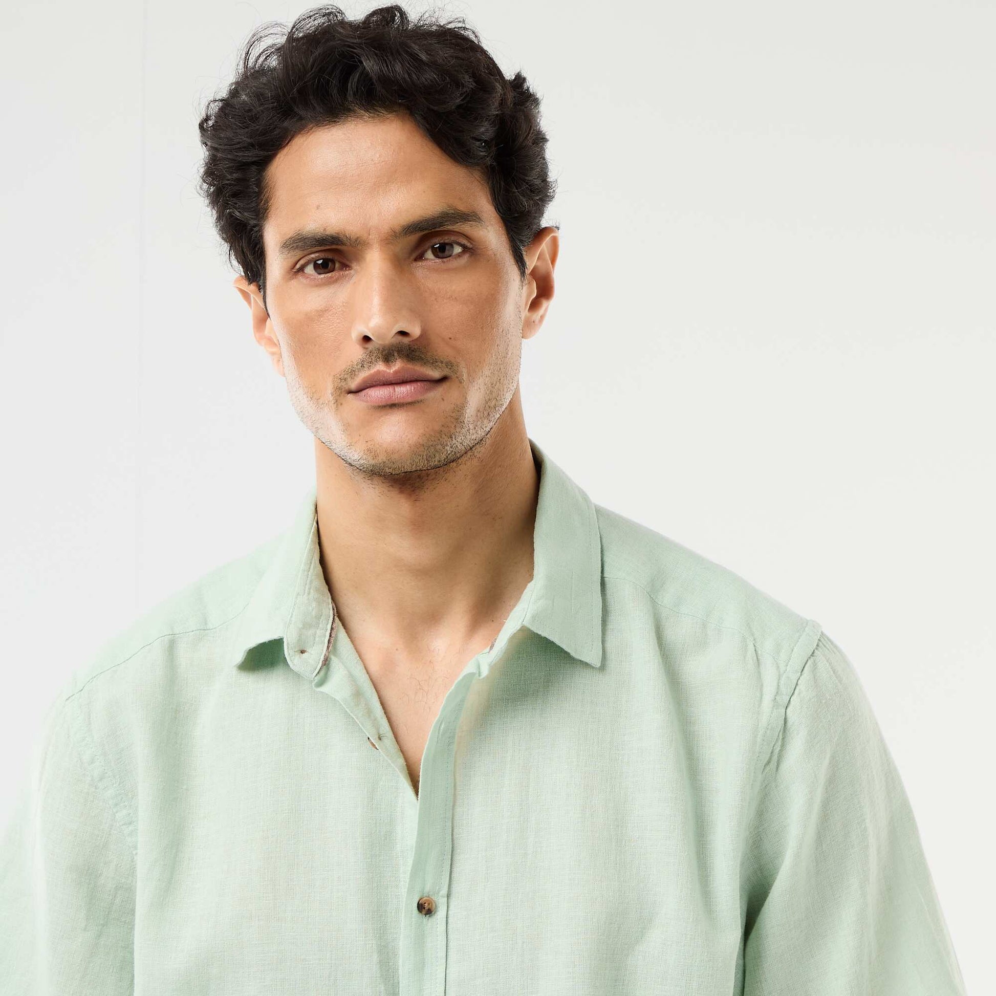 Chemise à manches courtes en lin mélangé VERT CLAIR
