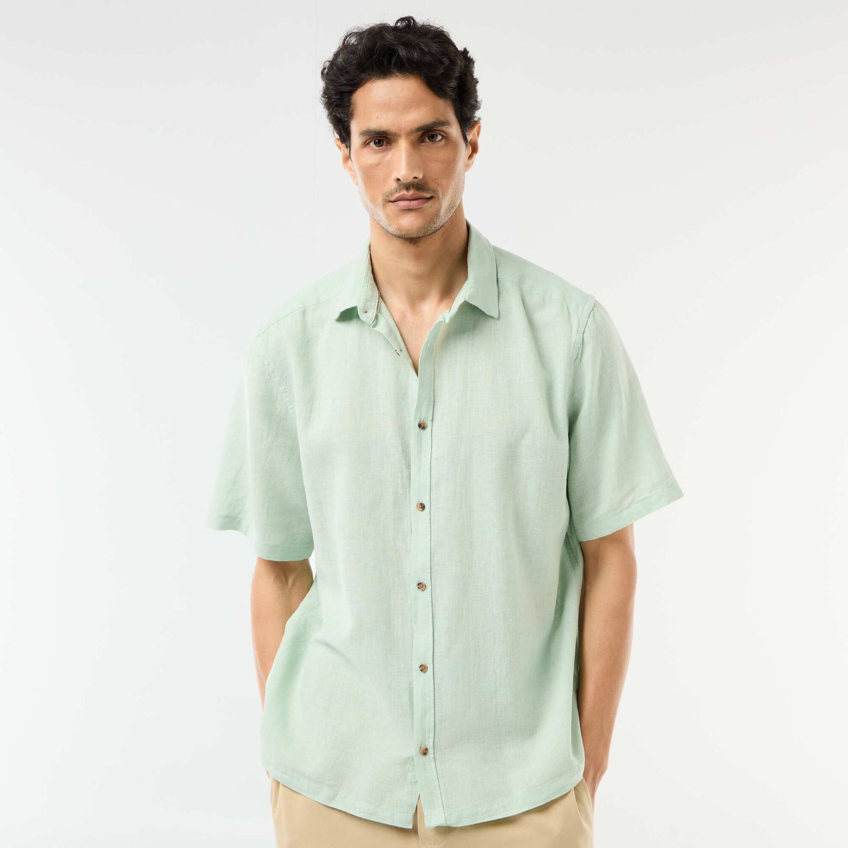 Chemise à manches courtes en lin mélangé VERT CLAIR