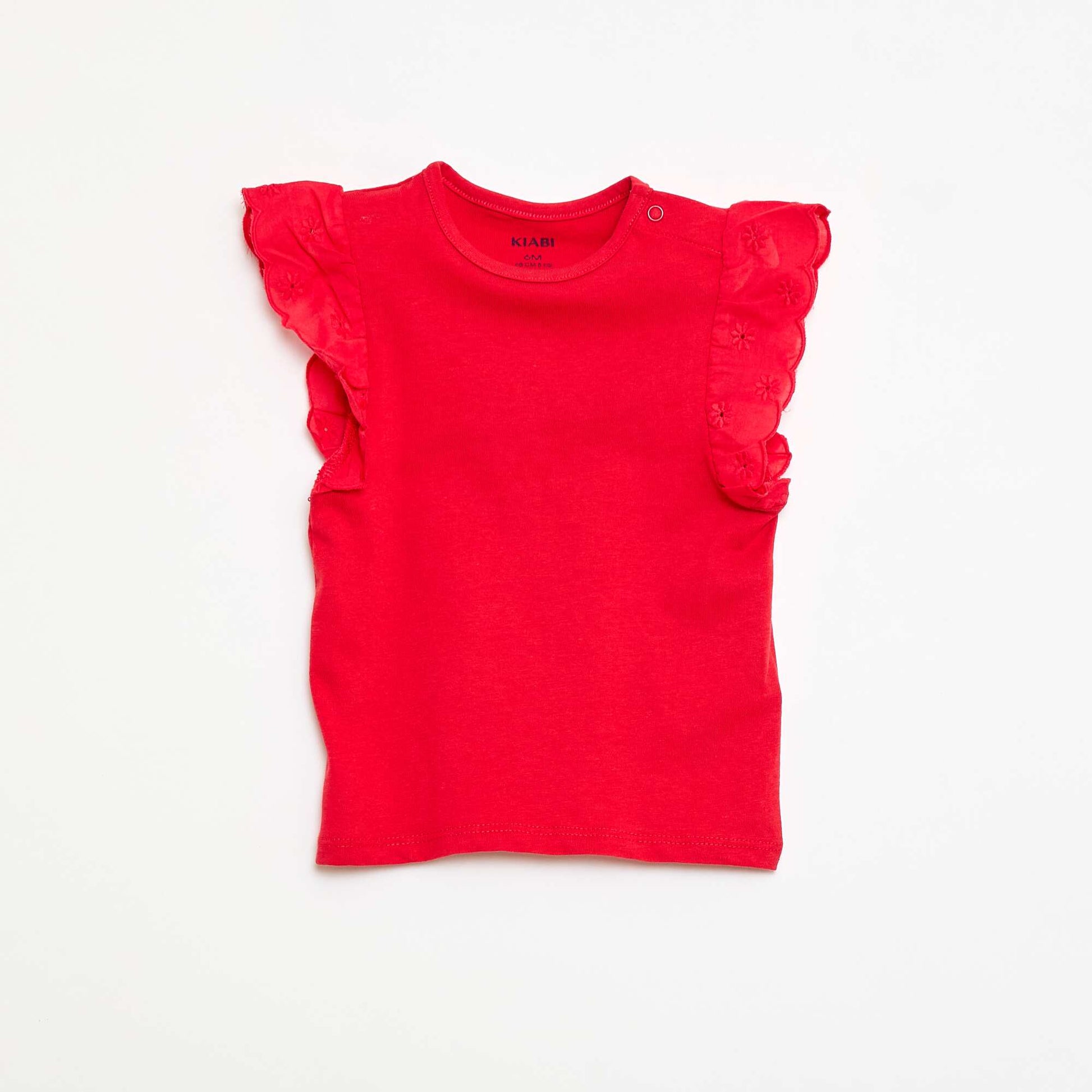 T-shirt en jersey de coton avec manches courtes en broderie anglaise ROUGE