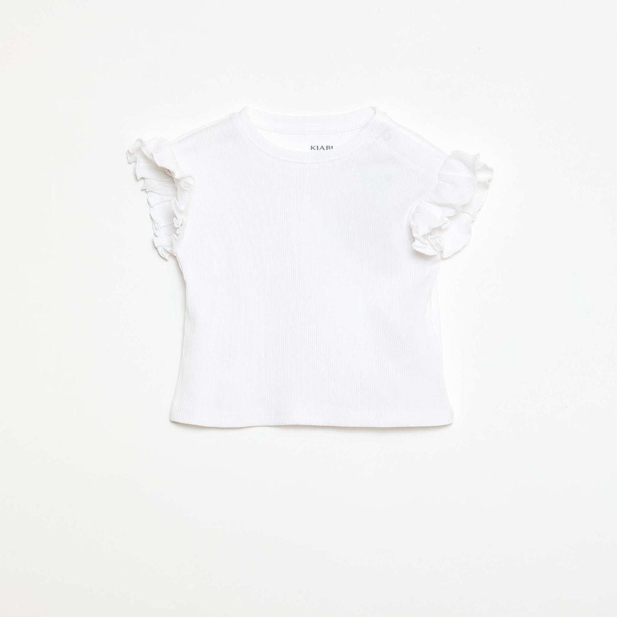 T-shirt côtelé à manches courtes volantées BLANC