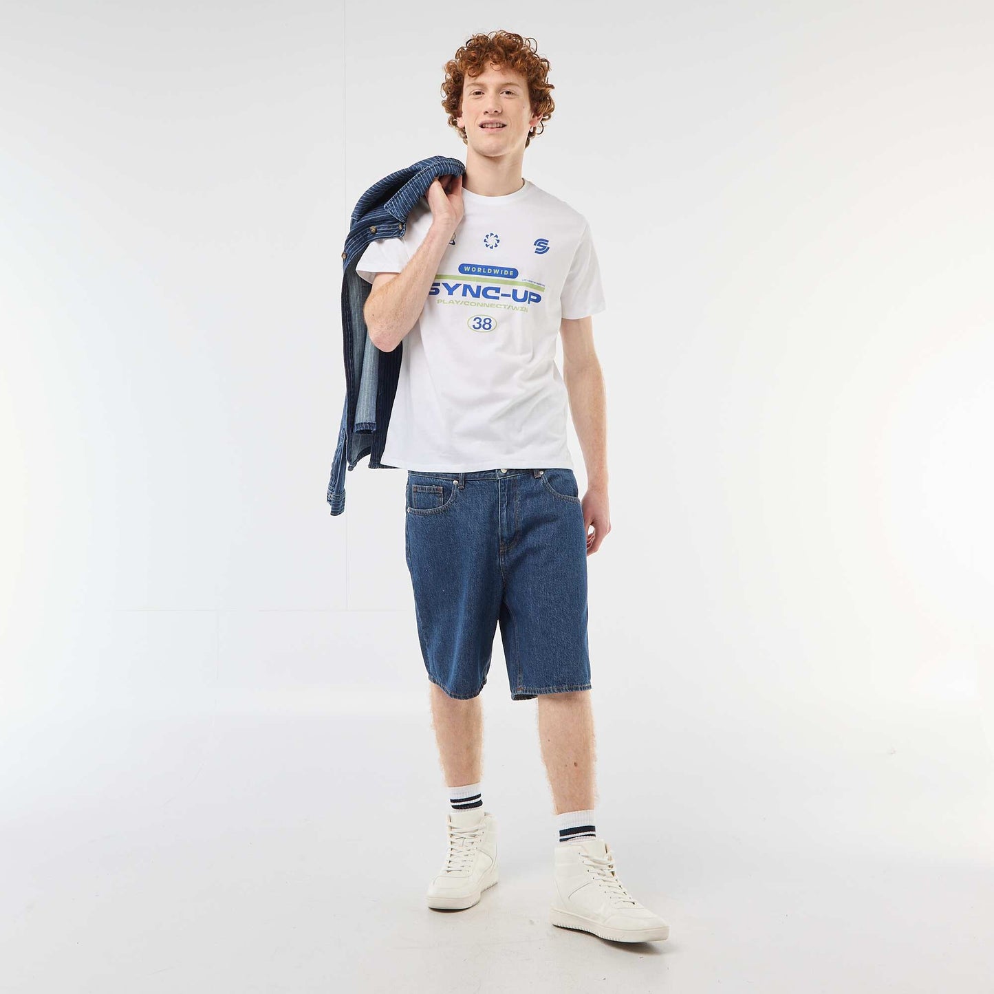 T-shirt imprimé placé en coton uni BLANC