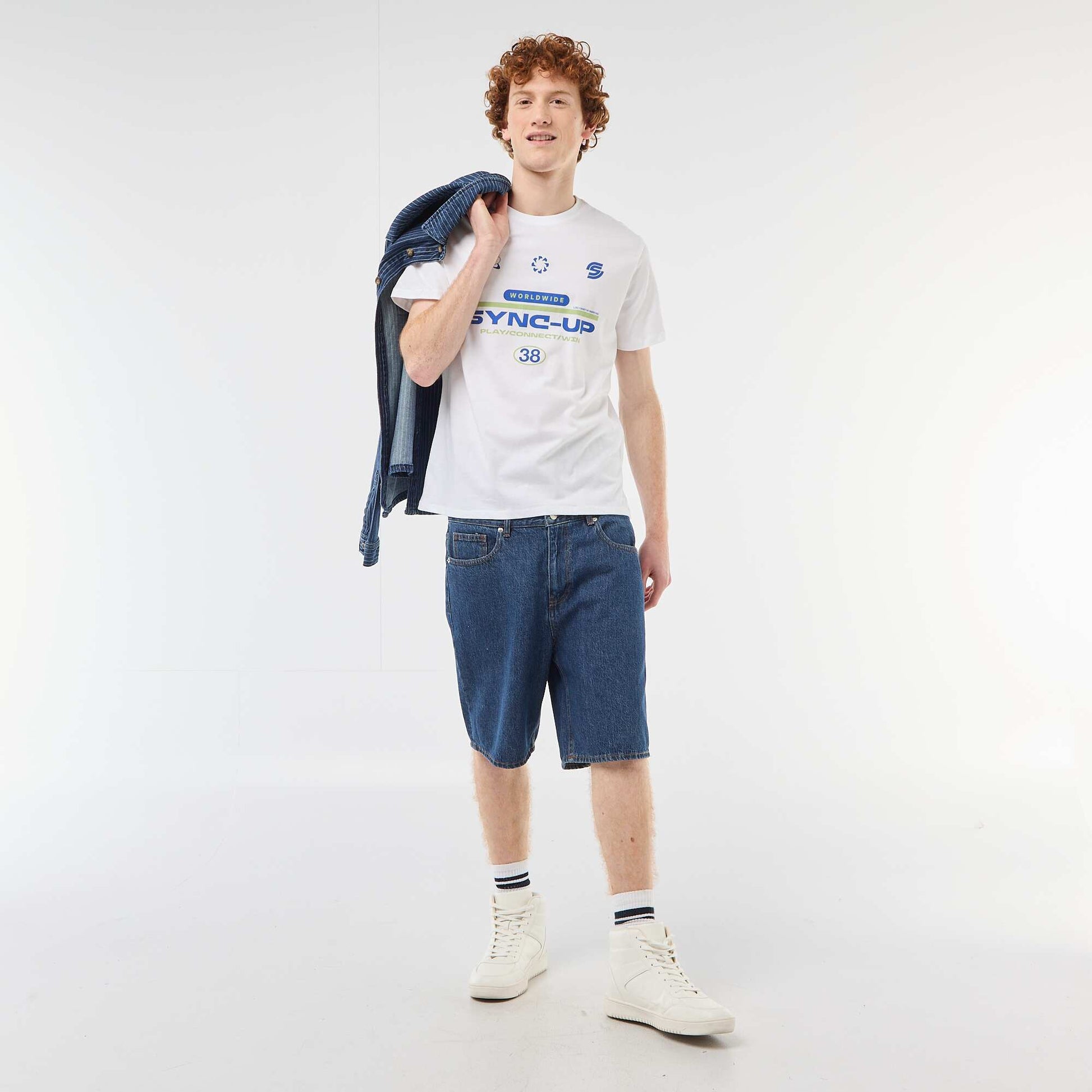 T-shirt imprimé placé en coton uni BLANC