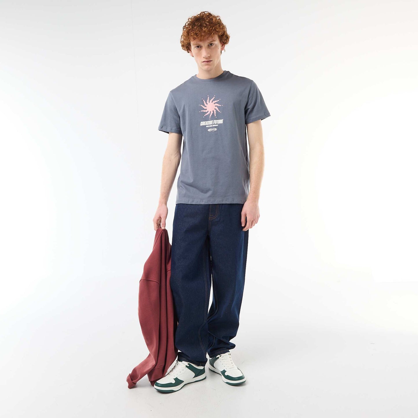 T-shirt imprimé placé en coton uni GRIS