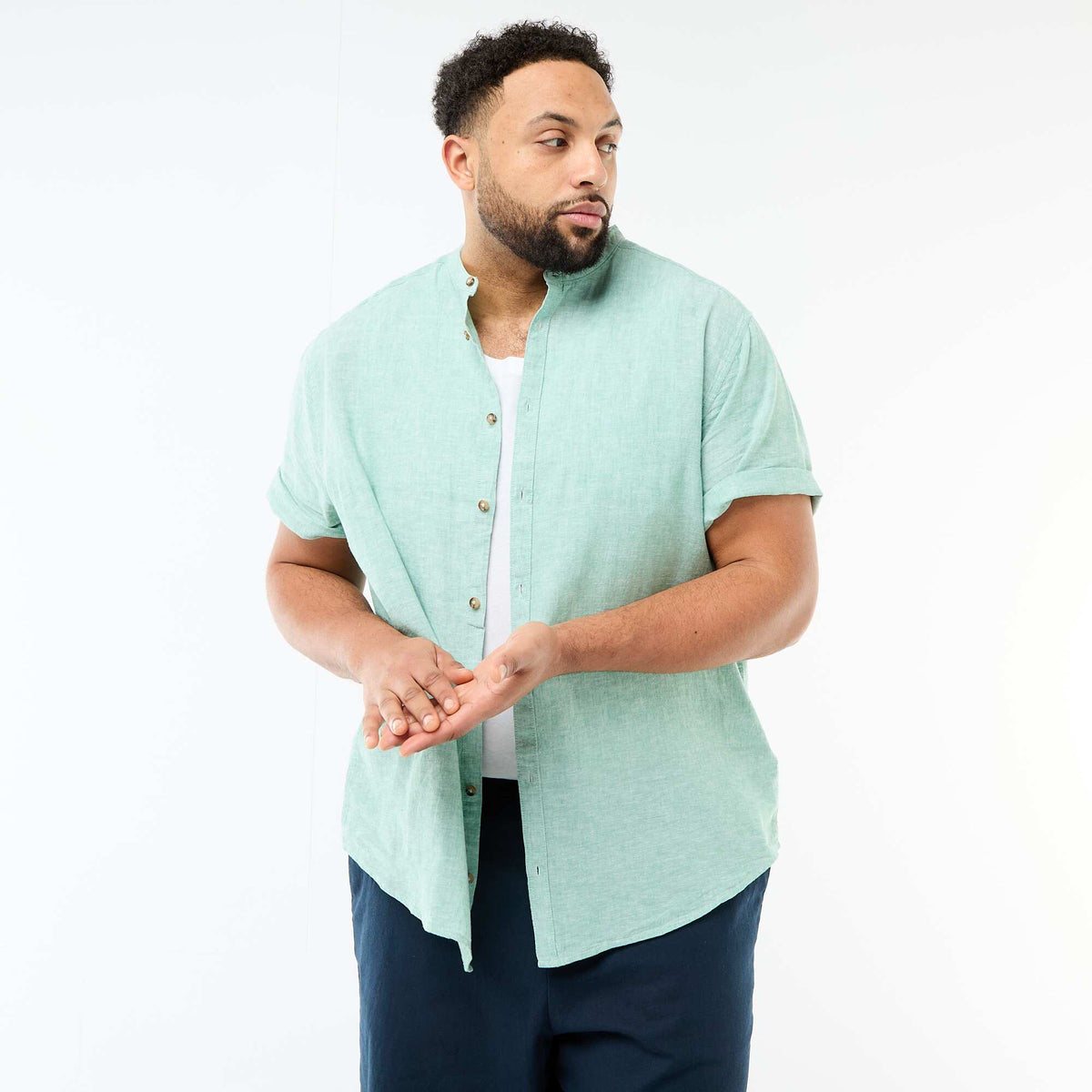 Chemise en lin mélangé à manches courtes VERT
