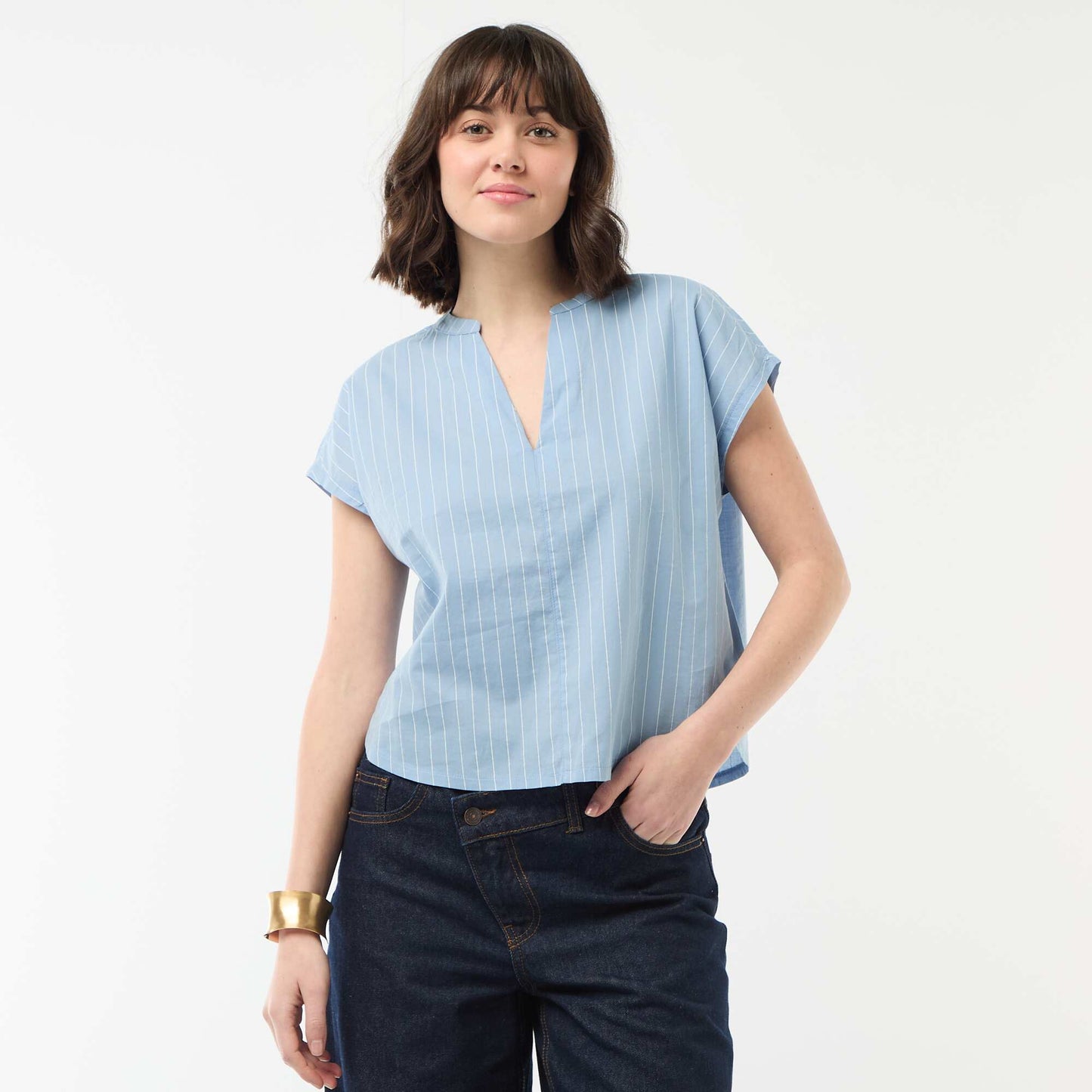 Blouse à manches courtes et col V BLEU