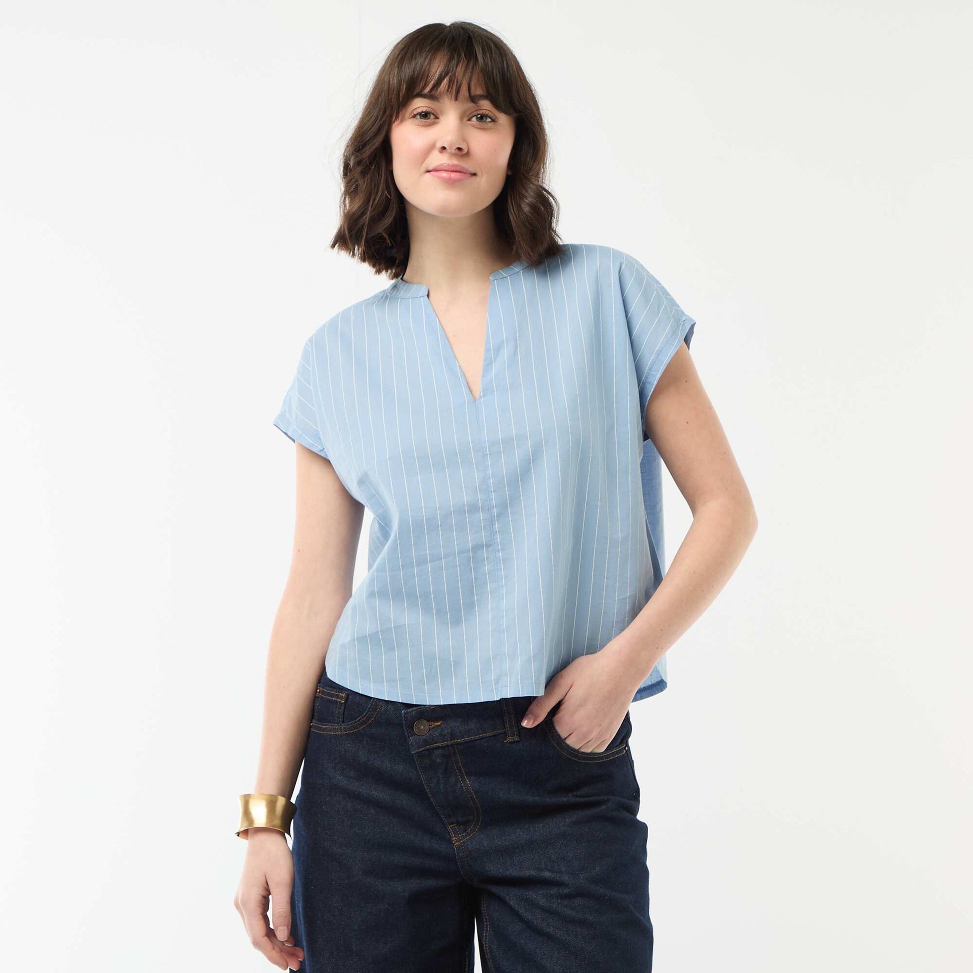 Blouse à manches courtes et col V BLEU