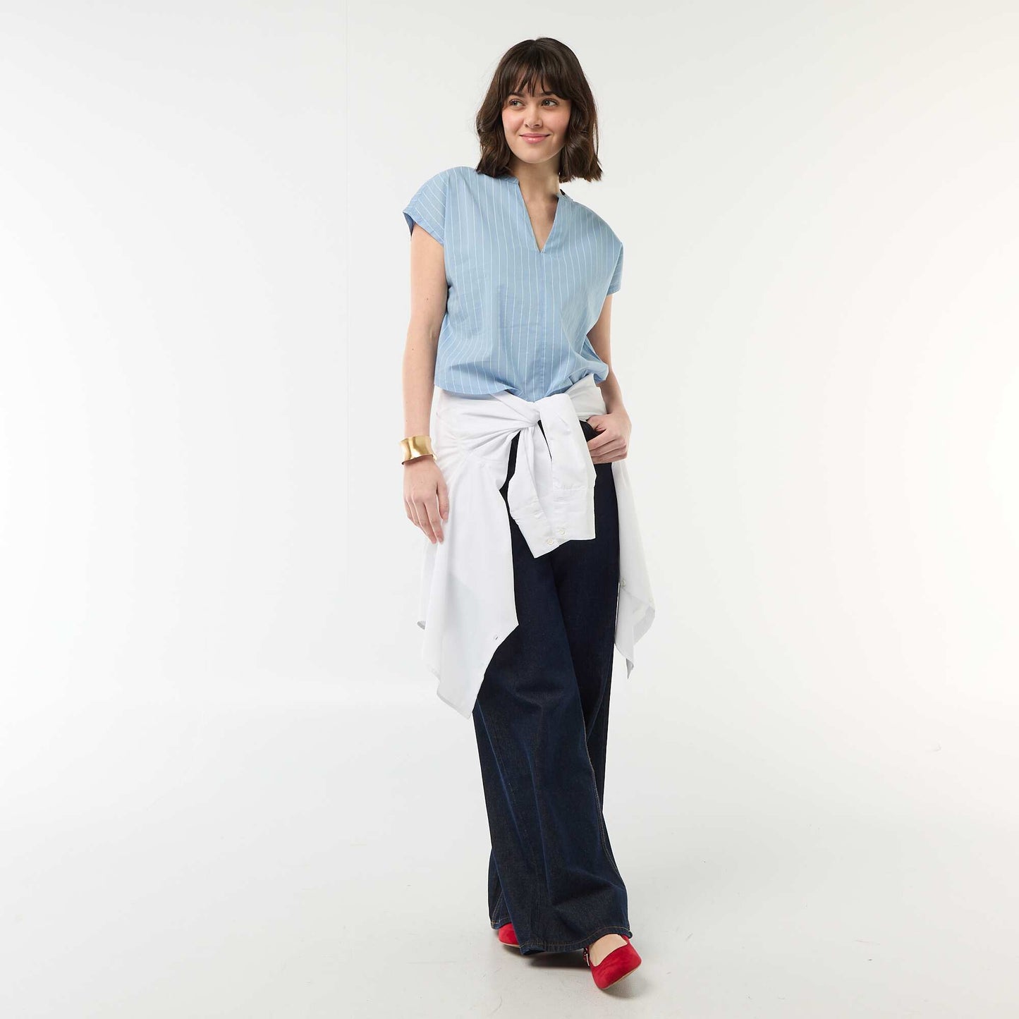 Blouse à manches courtes et col V BLEU