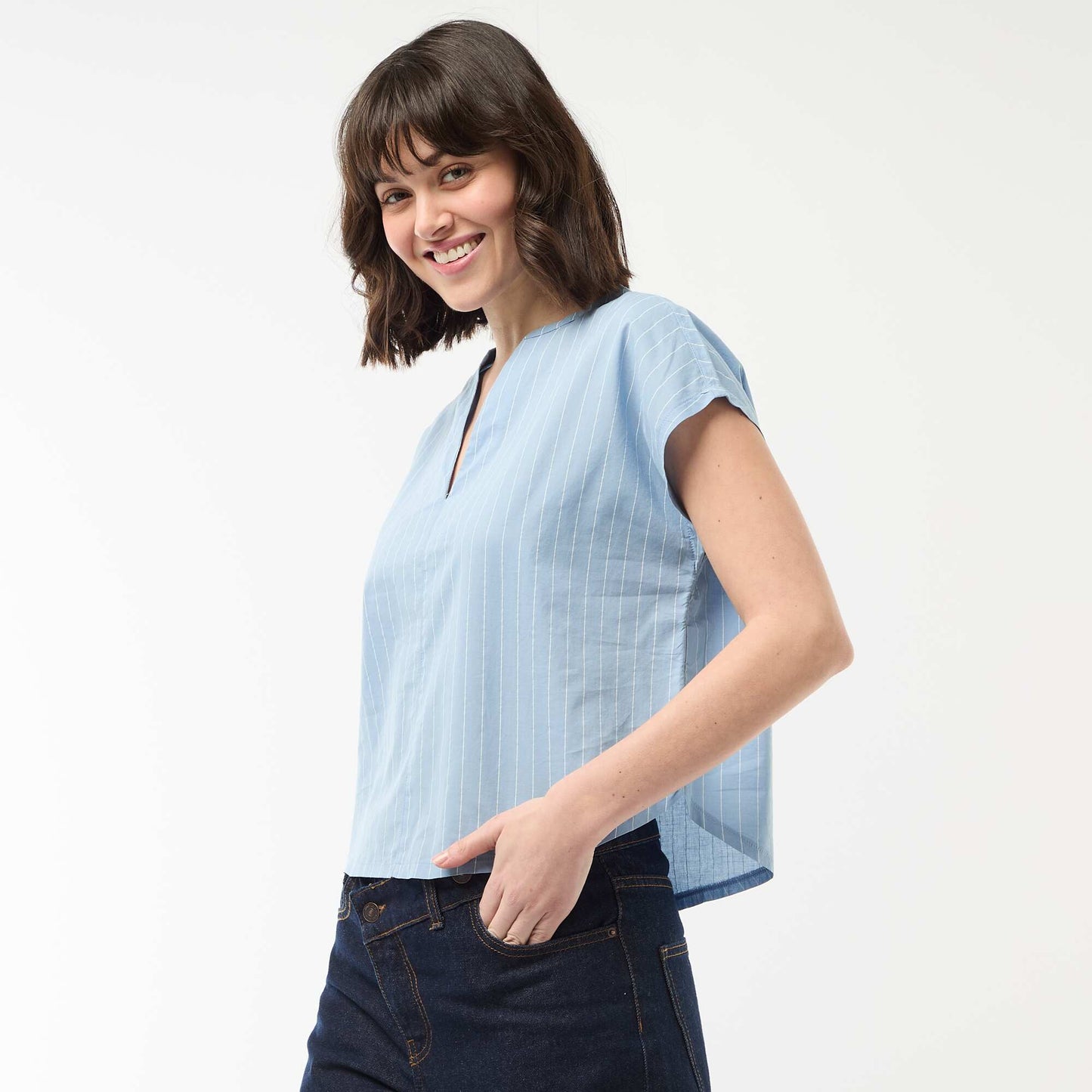 Blouse à manches courtes et col V BLEU