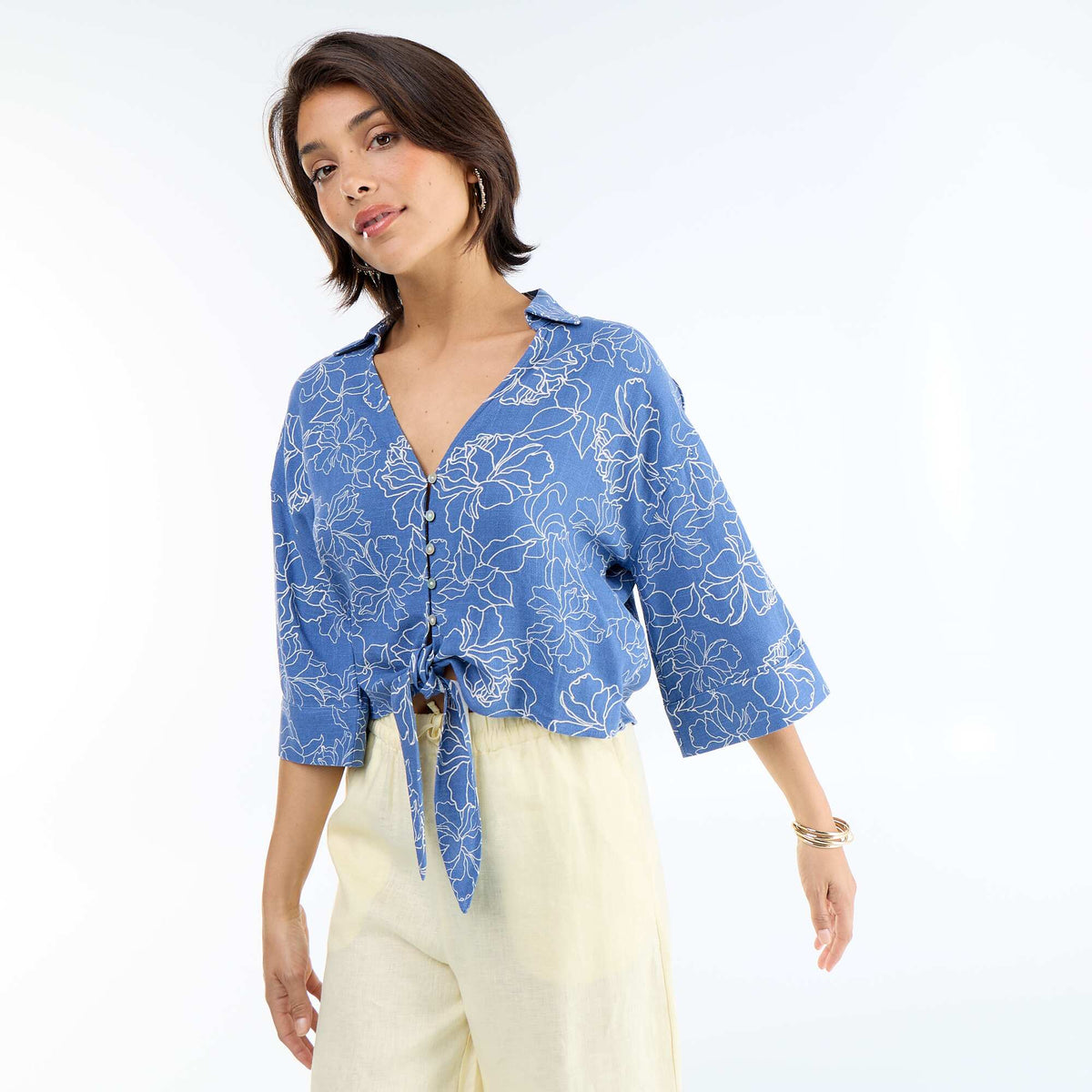 Chemise courte oversize nouée BLEU