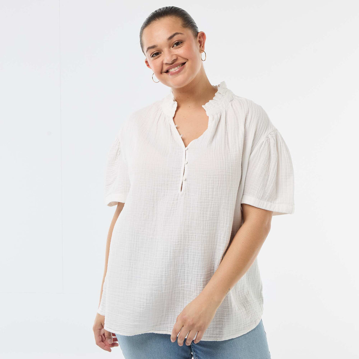 Blouse en gaze de coton avec col froncé BLANC