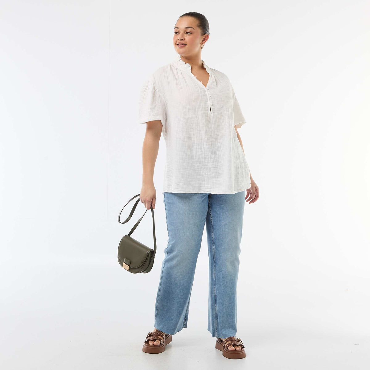 Blouse en gaze de coton avec col froncé BLANC