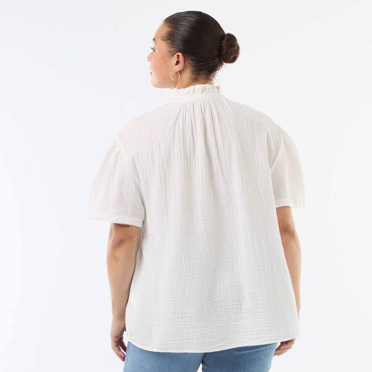 Blouse en gaze de coton avec col froncé BLANC