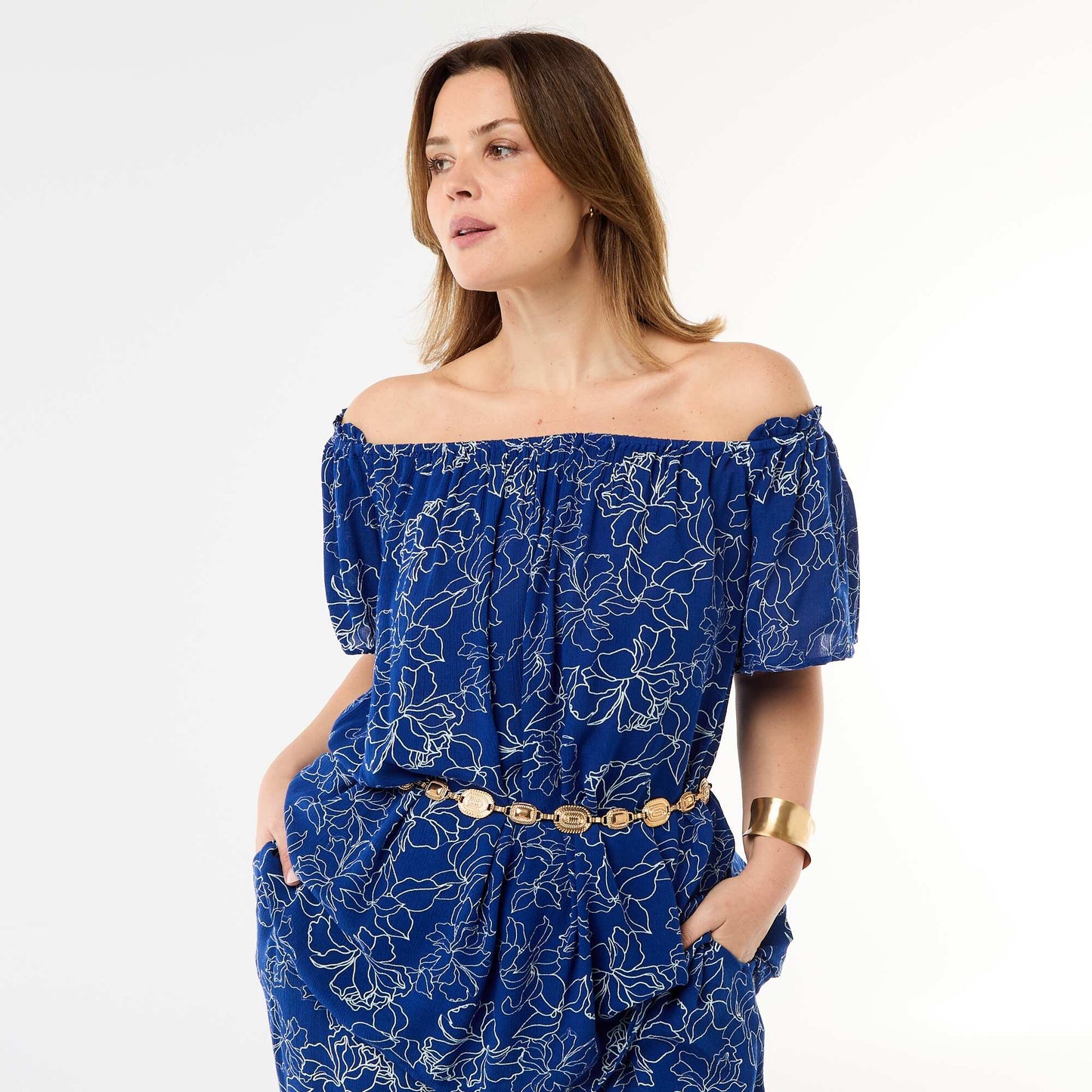 Blouse fluide crêpée à manches courtes BLEU