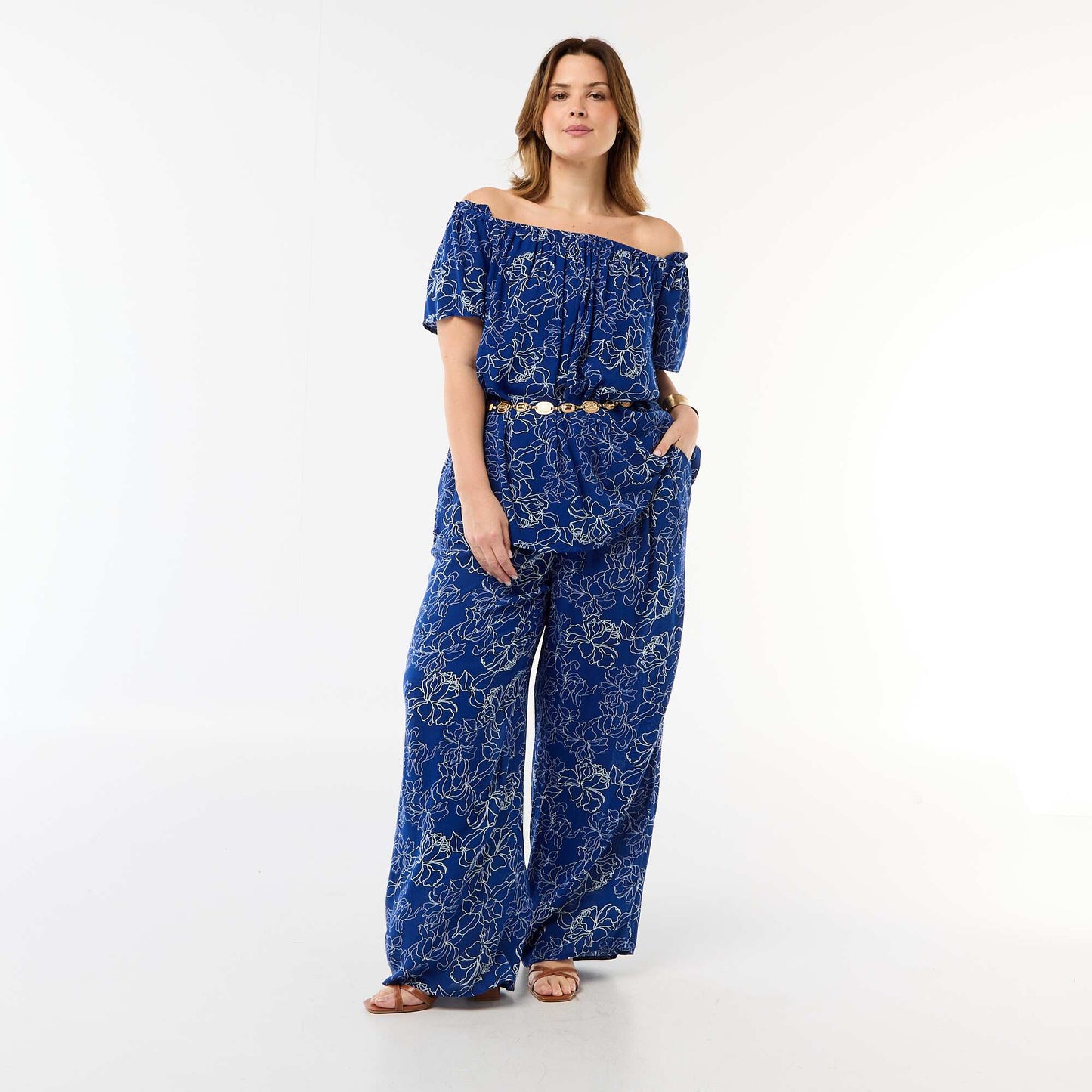 Blouse fluide crêpée à manches courtes BLEU