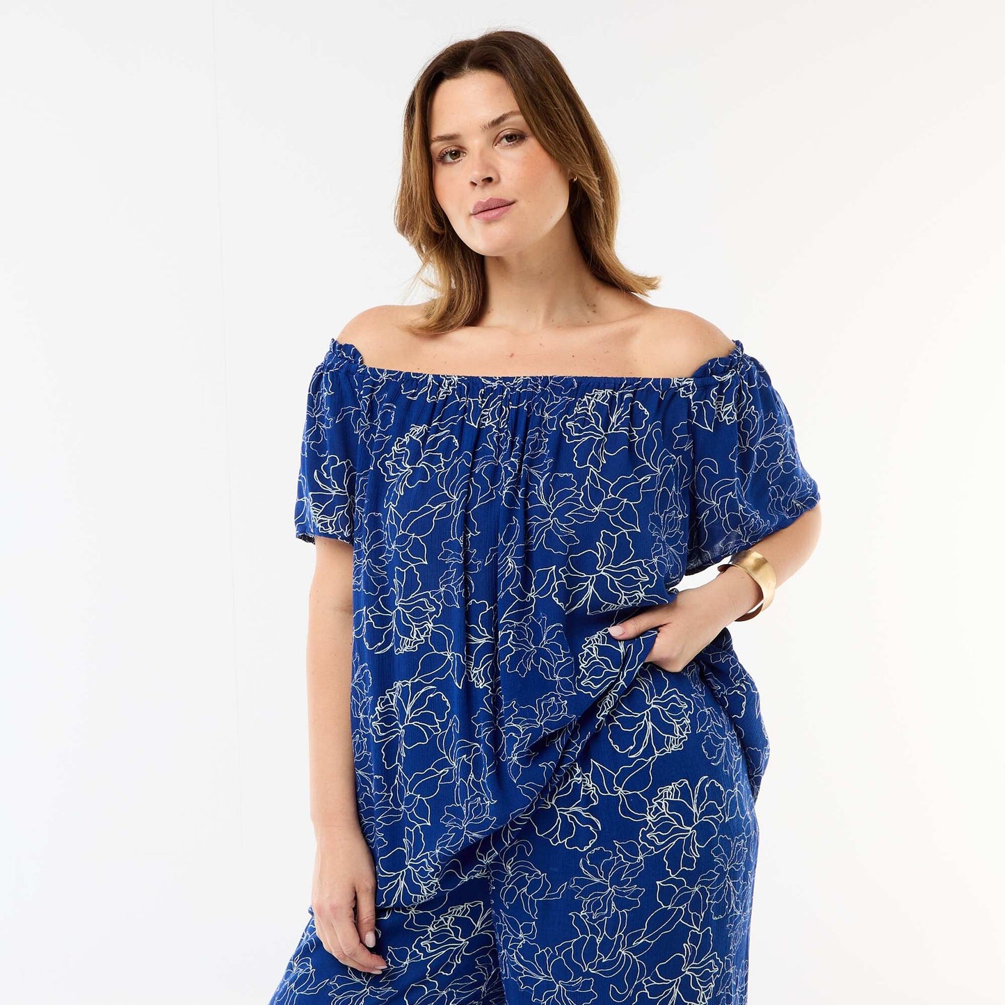 Blouse fluide crêpée à manches courtes BLEU
