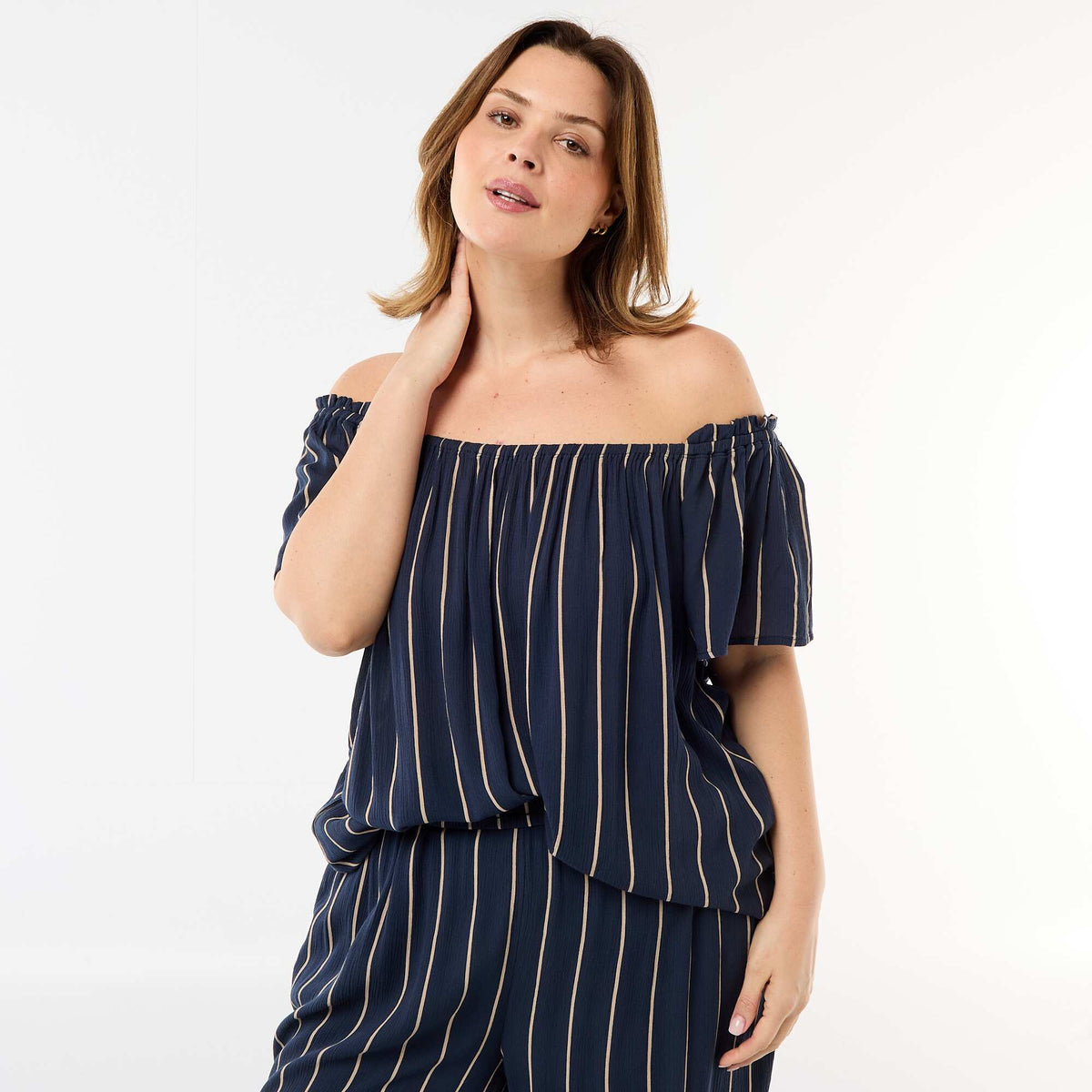 Blouse fluide crêpée à manches courtes BLEU