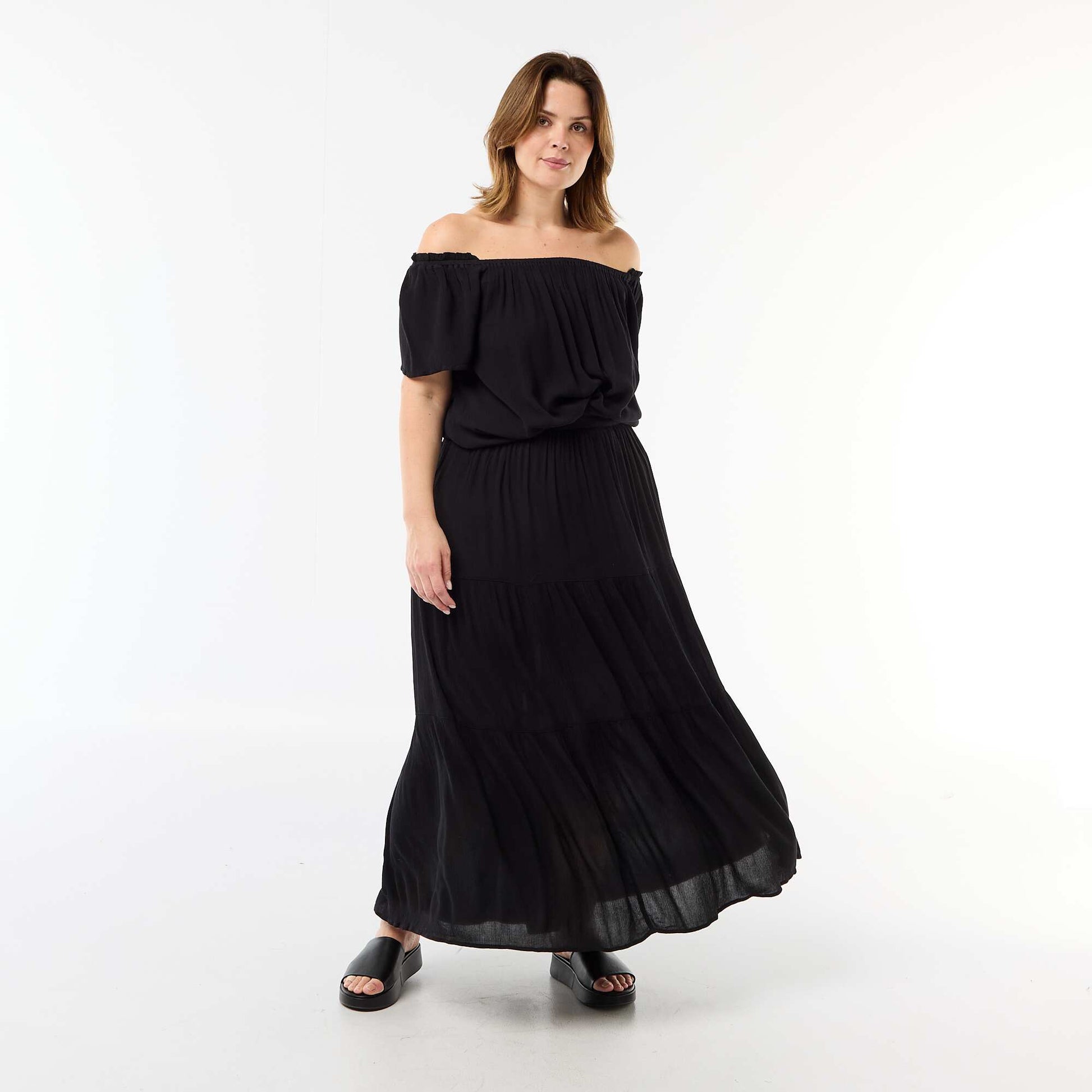 Blouse fluide crêpée à manches courtes NOIR