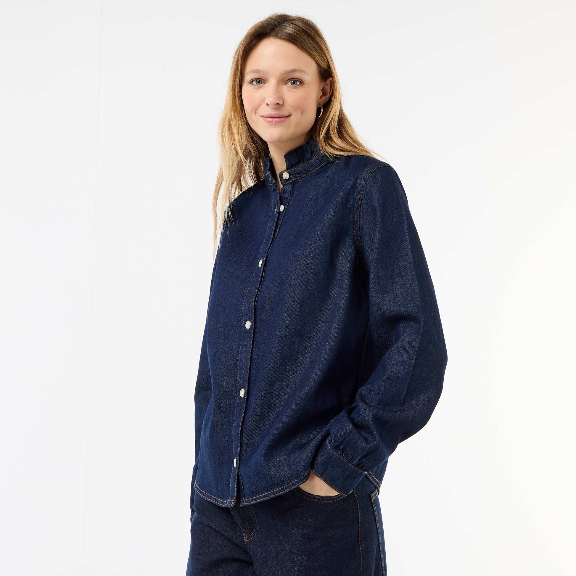 Blouse en denim avec col volanté BLEU