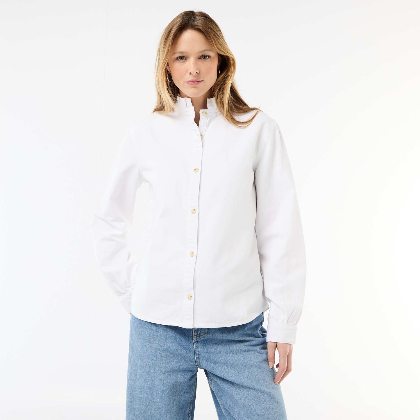 Blouse en denim avec col volanté BLANC