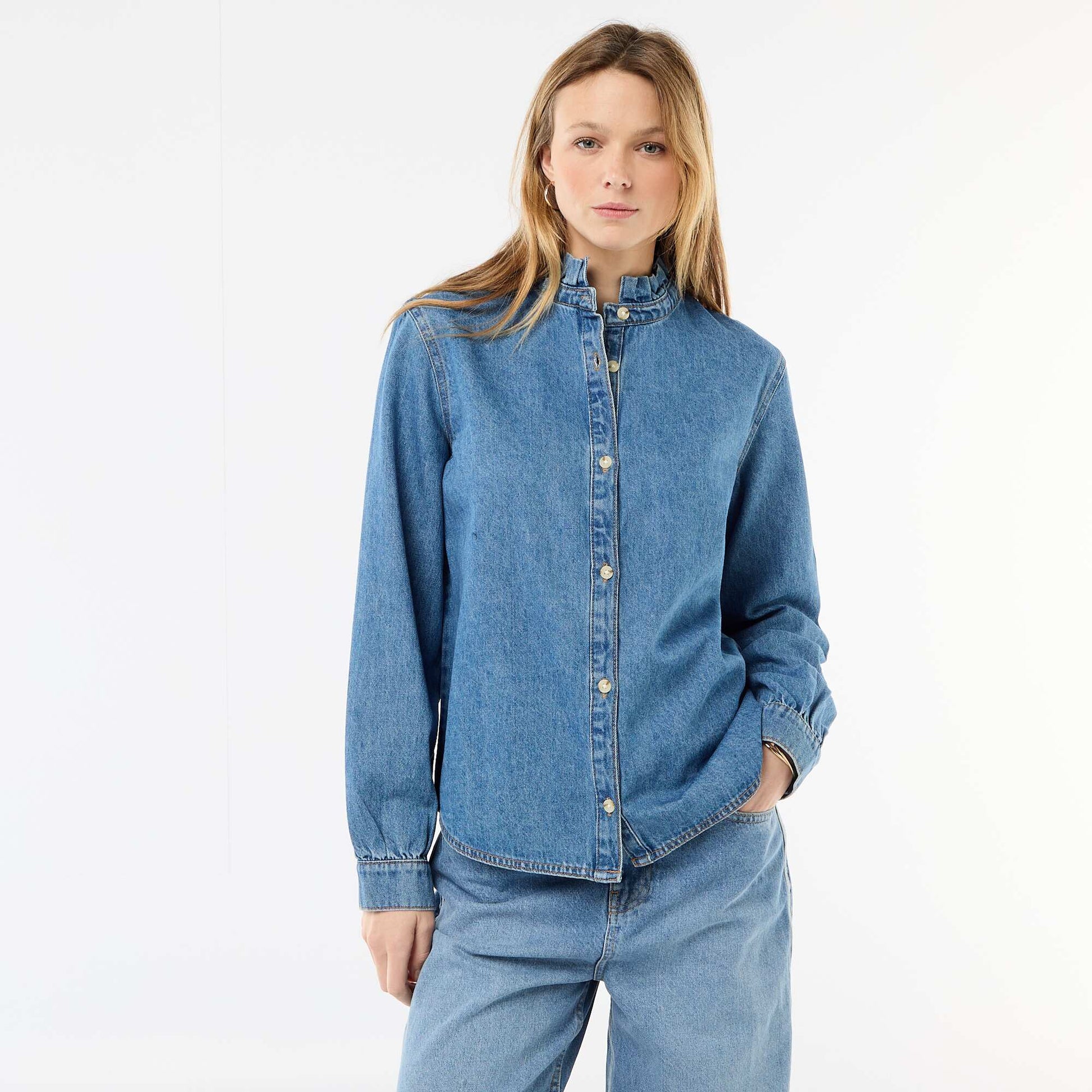 Blouse en denim avec col volanté BLEU