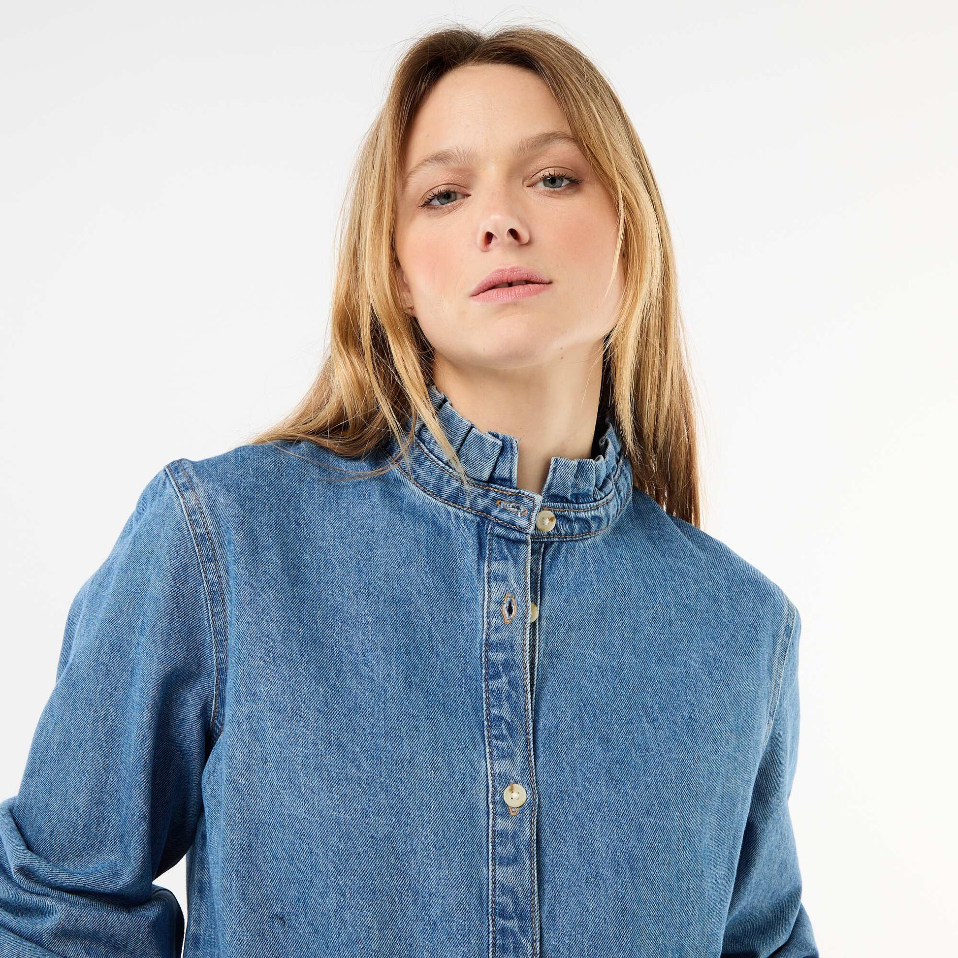 Blouse en denim avec col volanté BLEU