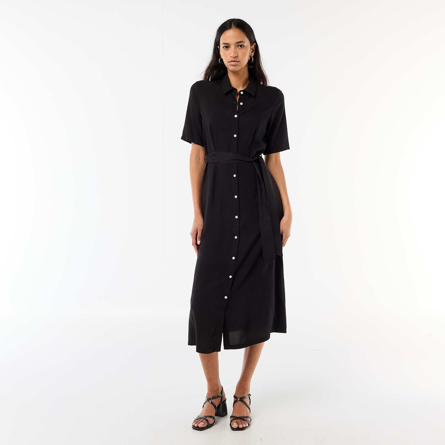 Robe longue forme chemise avec ceinture à nouer uni NOIR