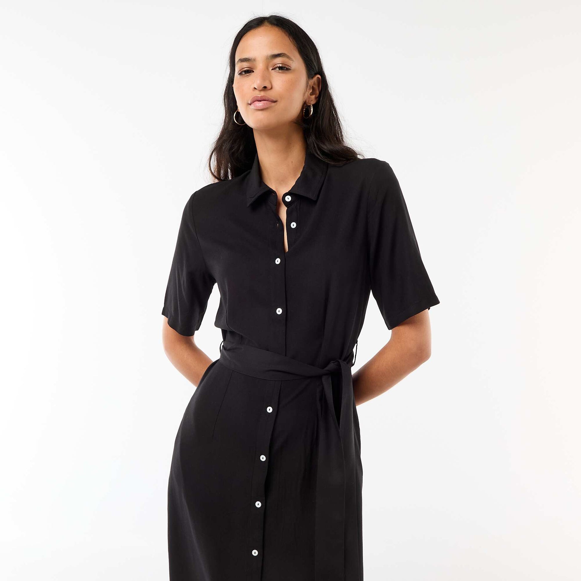 Robe longue forme chemise avec ceinture à nouer uni NOIR