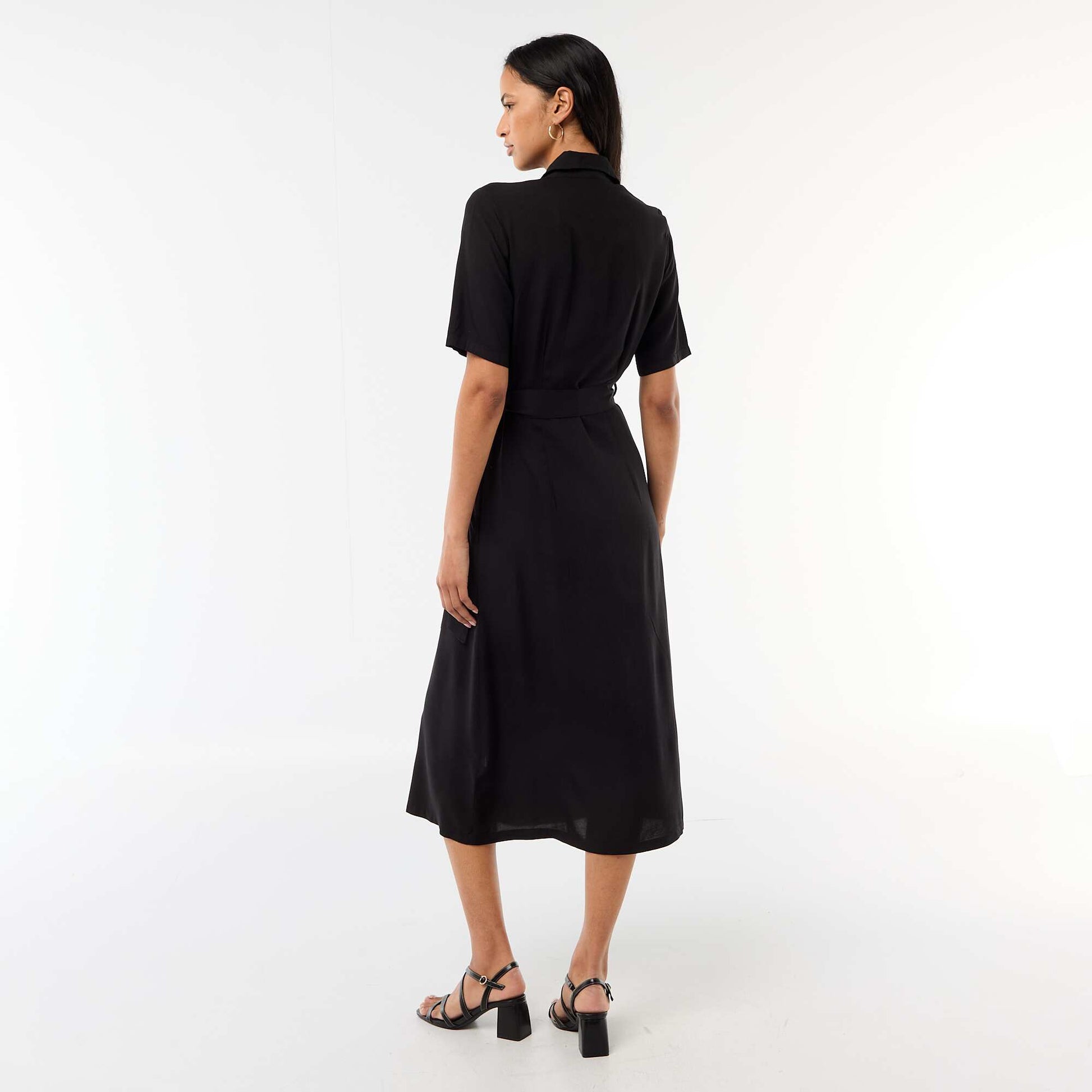 Robe longue forme chemise avec ceinture à nouer uni NOIR