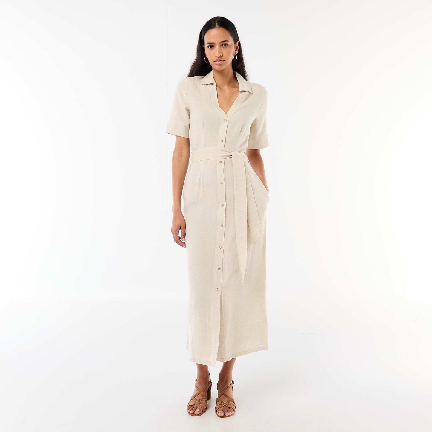 Robe chemise longue manches courtes en coton et lin BEIGE