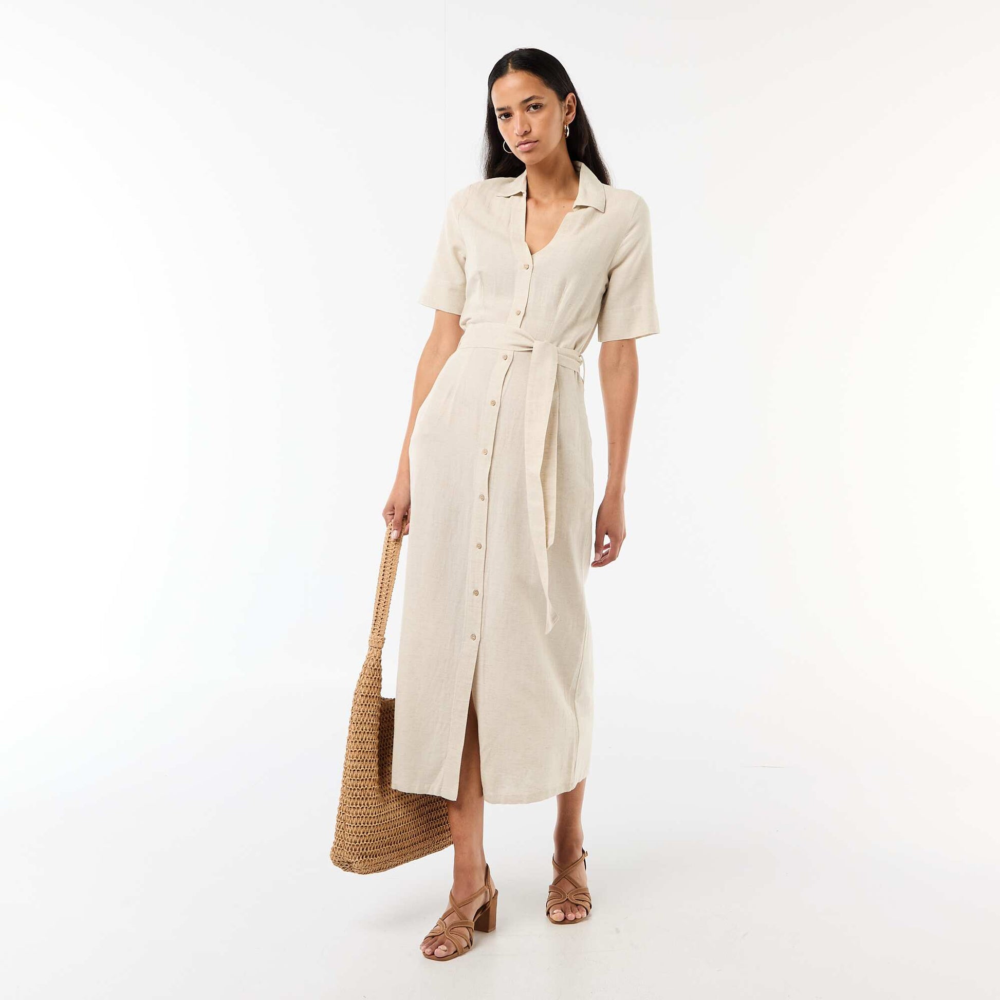 Robe chemise longue manches courtes en coton et lin BEIGE
