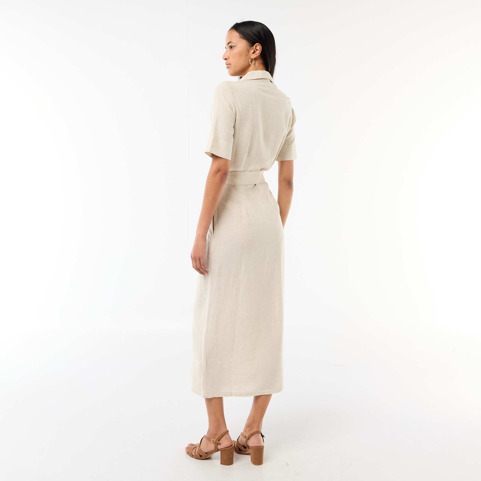 Robe chemise longue manches courtes en coton et lin BEIGE