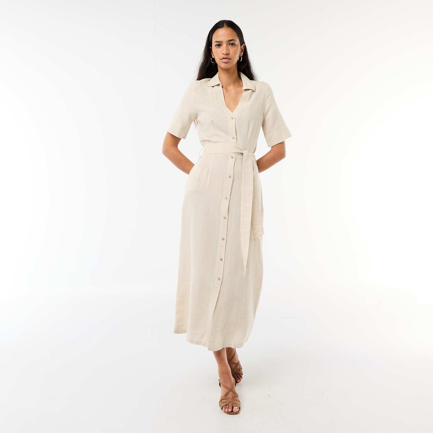 Robe chemise longue manches courtes en coton et lin BEIGE