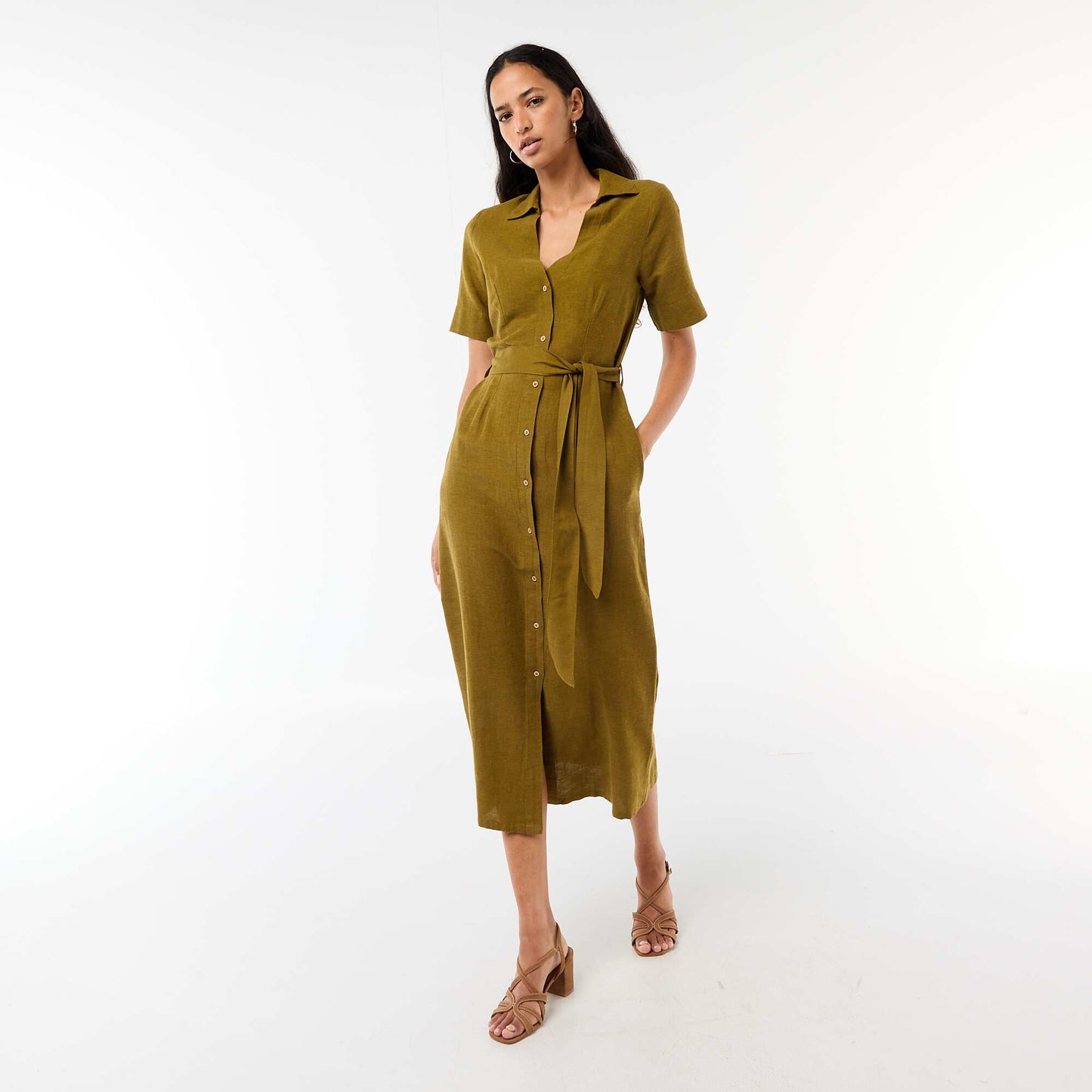Robe chemise longue manches courtes en coton et lin VERT