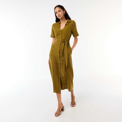Robe chemise longue manches courtes en coton et lin VERT