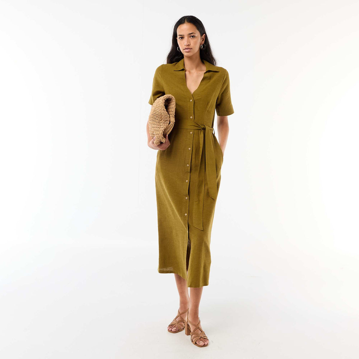 Robe chemise longue manches courtes en coton et lin VERT