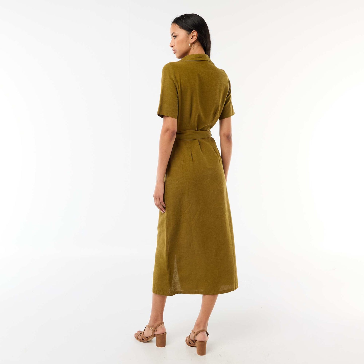 Robe chemise longue manches courtes en coton et lin VERT
